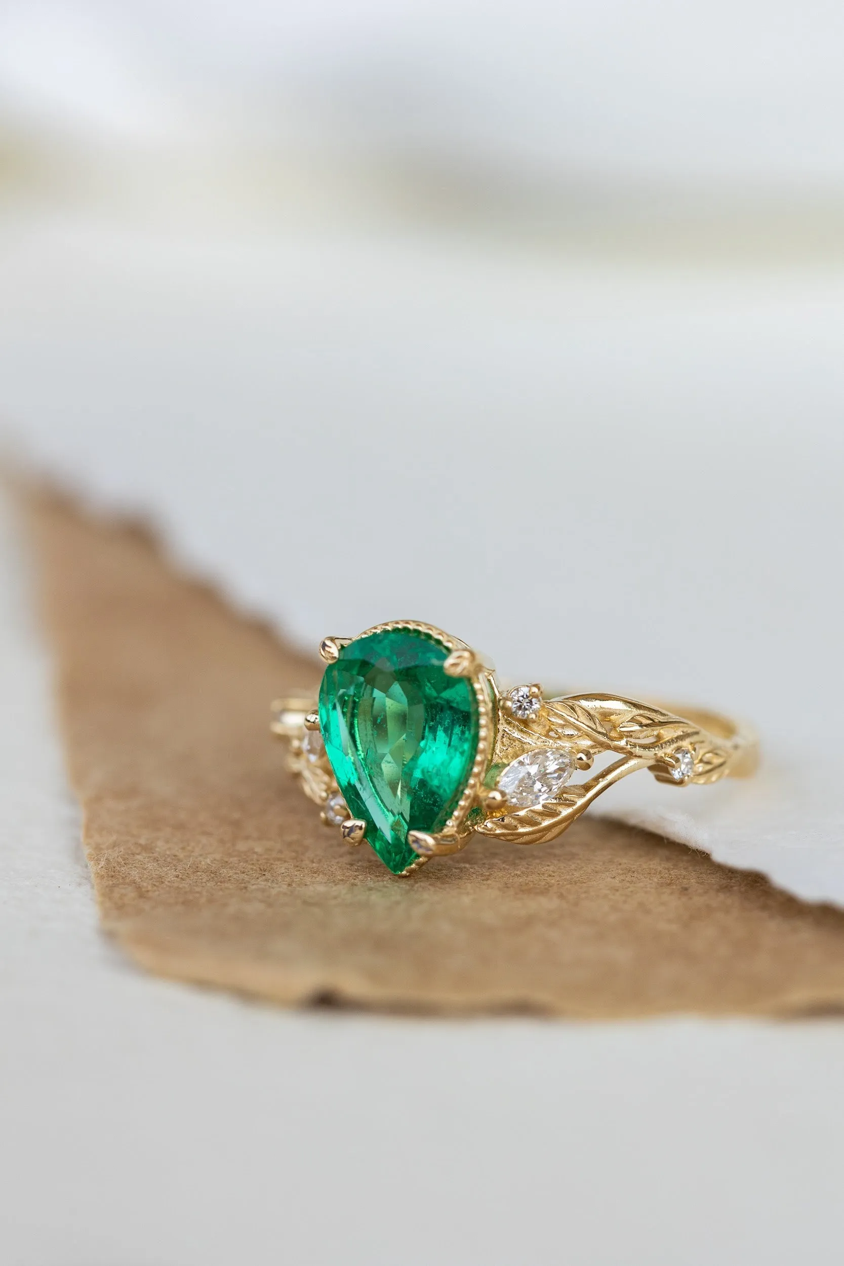 READY TO SHIP: Patricia ring set in 14K yellow gold, natural emerald pear cut 10x7 mm, accent natural diamonds, AVAILABLE RING SIZES: 6-8US