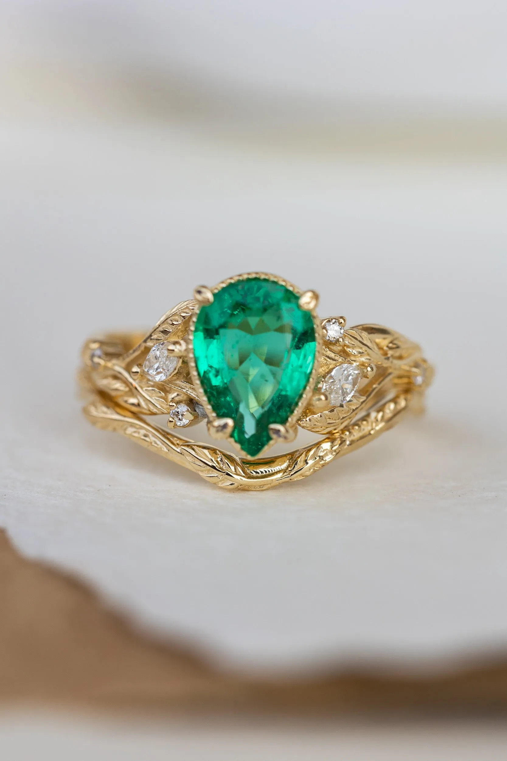 READY TO SHIP: Patricia ring set in 14K yellow gold, natural emerald pear cut 10x7 mm, accent natural diamonds, AVAILABLE RING SIZES: 6-8US