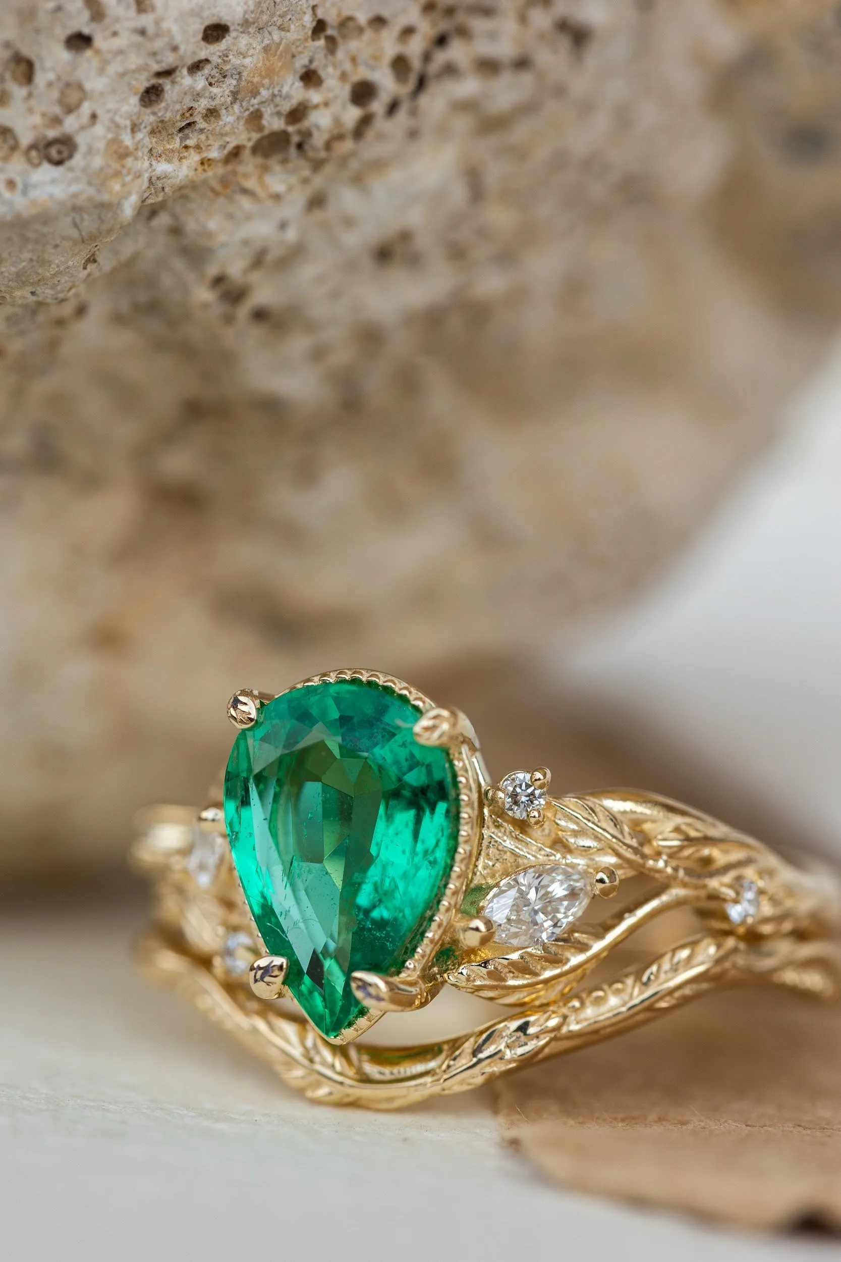 READY TO SHIP: Patricia ring set in 14K yellow gold, natural emerald pear cut 10x7 mm, accent natural diamonds, AVAILABLE RING SIZES: 6-8US