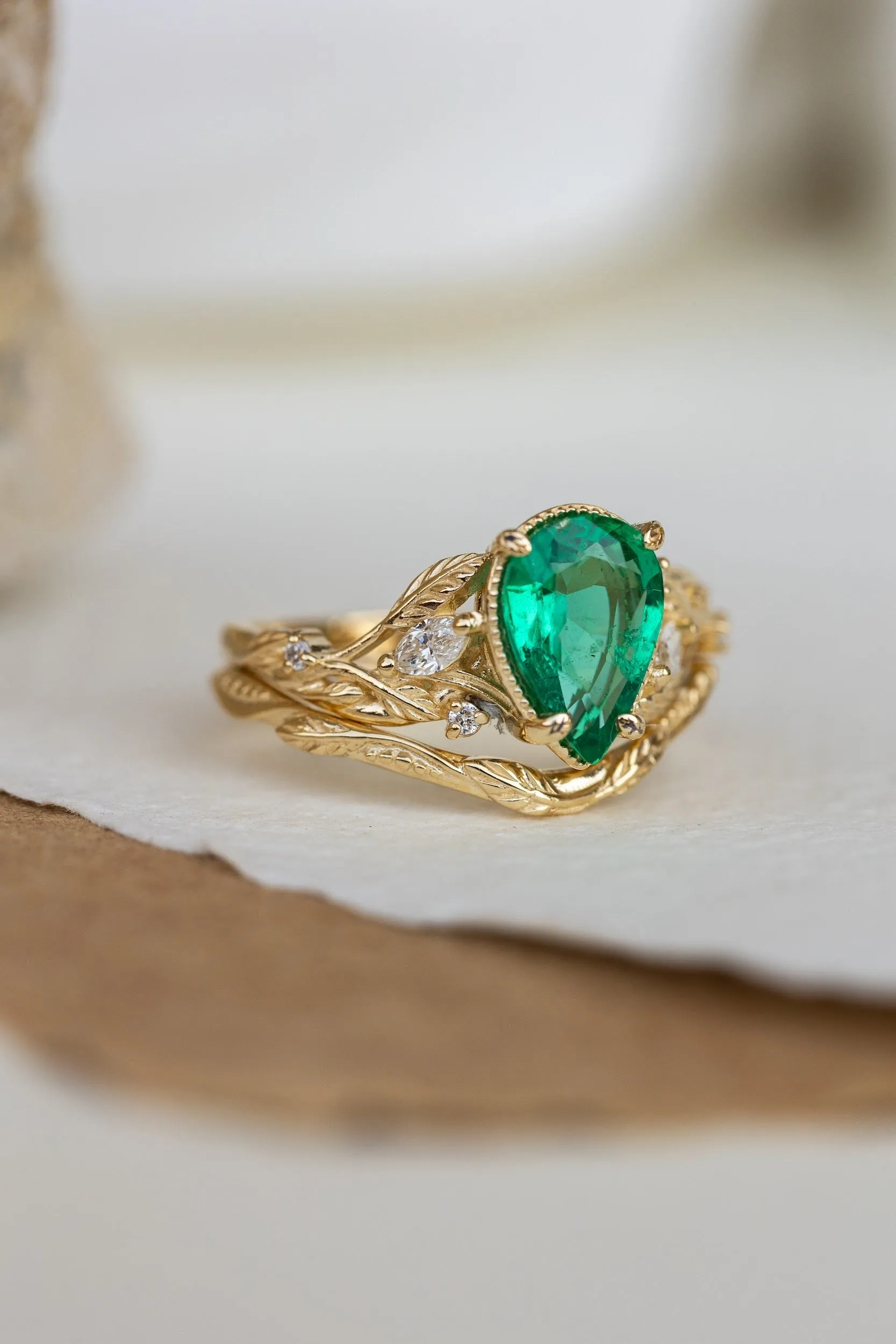 READY TO SHIP: Patricia ring set in 14K yellow gold, natural emerald pear cut 10x7 mm, accent natural diamonds, AVAILABLE RING SIZES: 6-8US