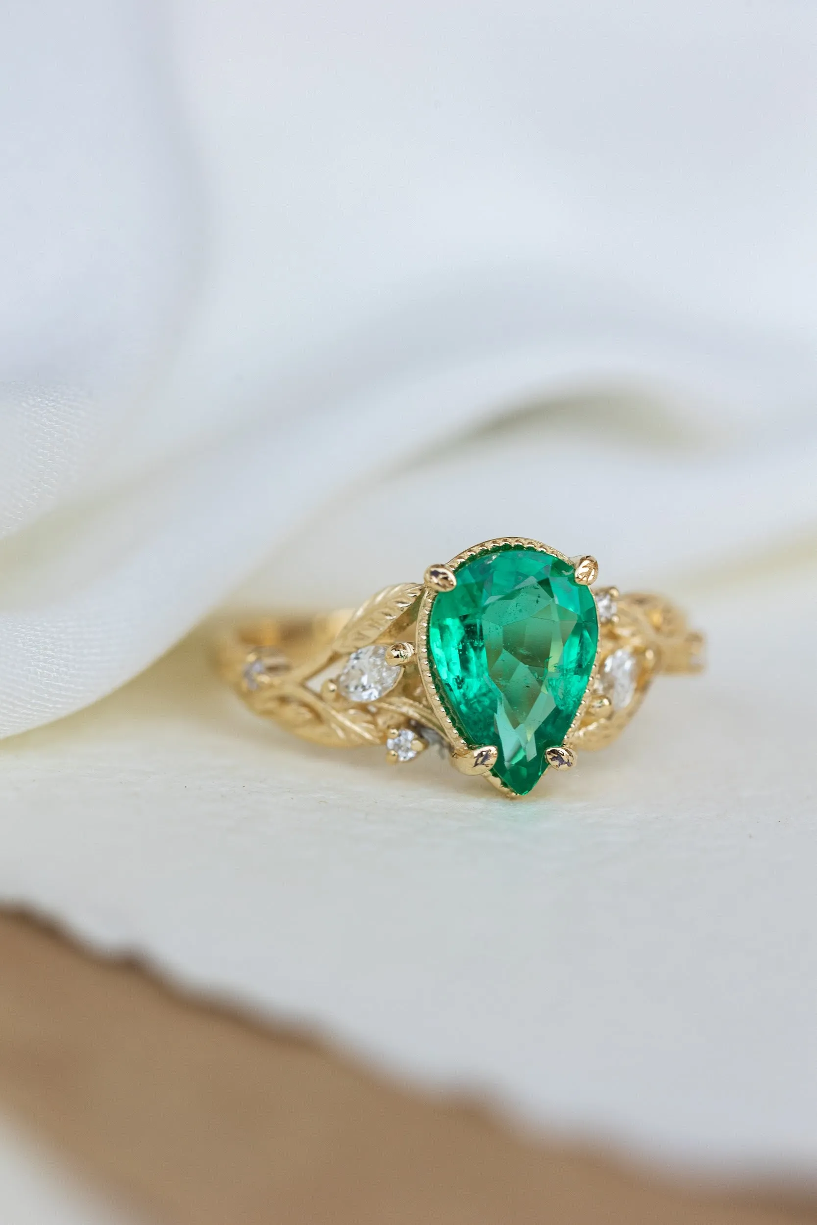 READY TO SHIP: Patricia ring set in 14K yellow gold, natural emerald pear cut 10x7 mm, accent natural diamonds, AVAILABLE RING SIZES: 6-8US