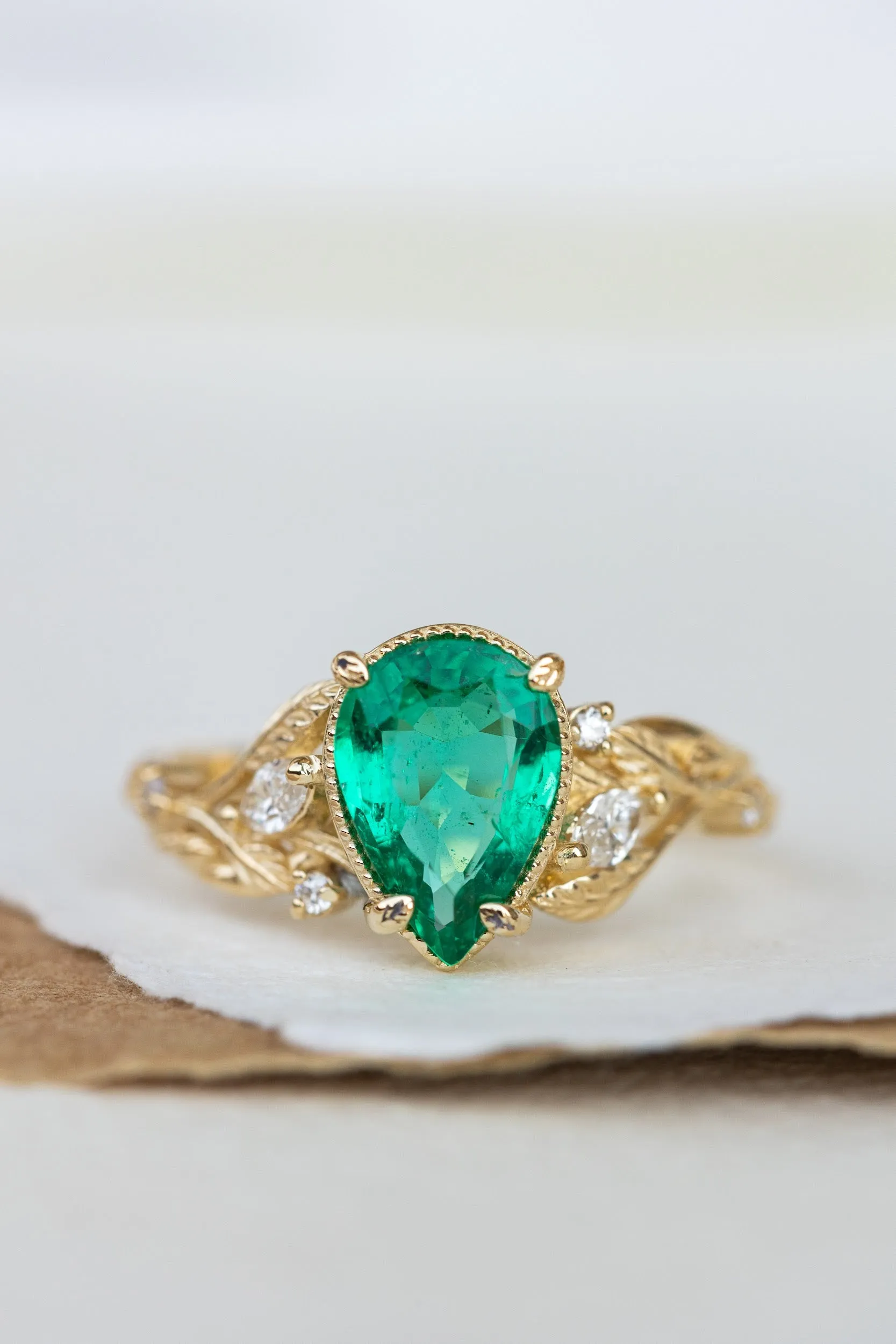 READY TO SHIP: Patricia ring set in 14K yellow gold, natural emerald pear cut 10x7 mm, accent natural diamonds, AVAILABLE RING SIZES: 6-8US