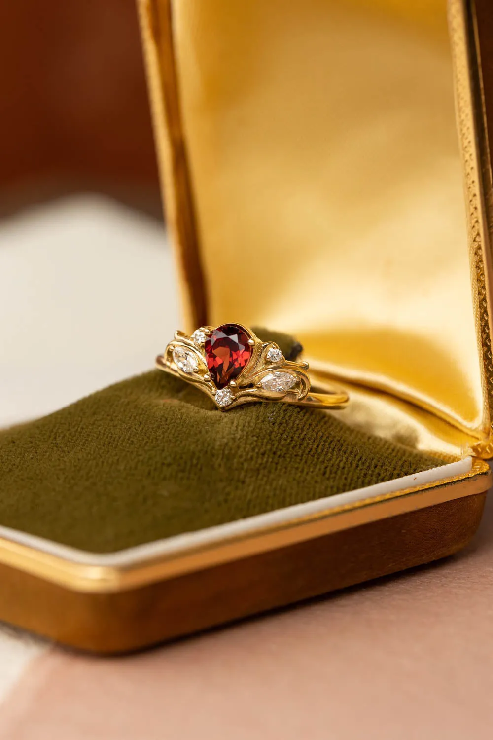 READY TO SHIP: Swanlake ring in 18K yellow gold, natural garnet pear 7x5 mm, natural diamonds, AVAILABLE RING SIZES: 8.5-10.5US