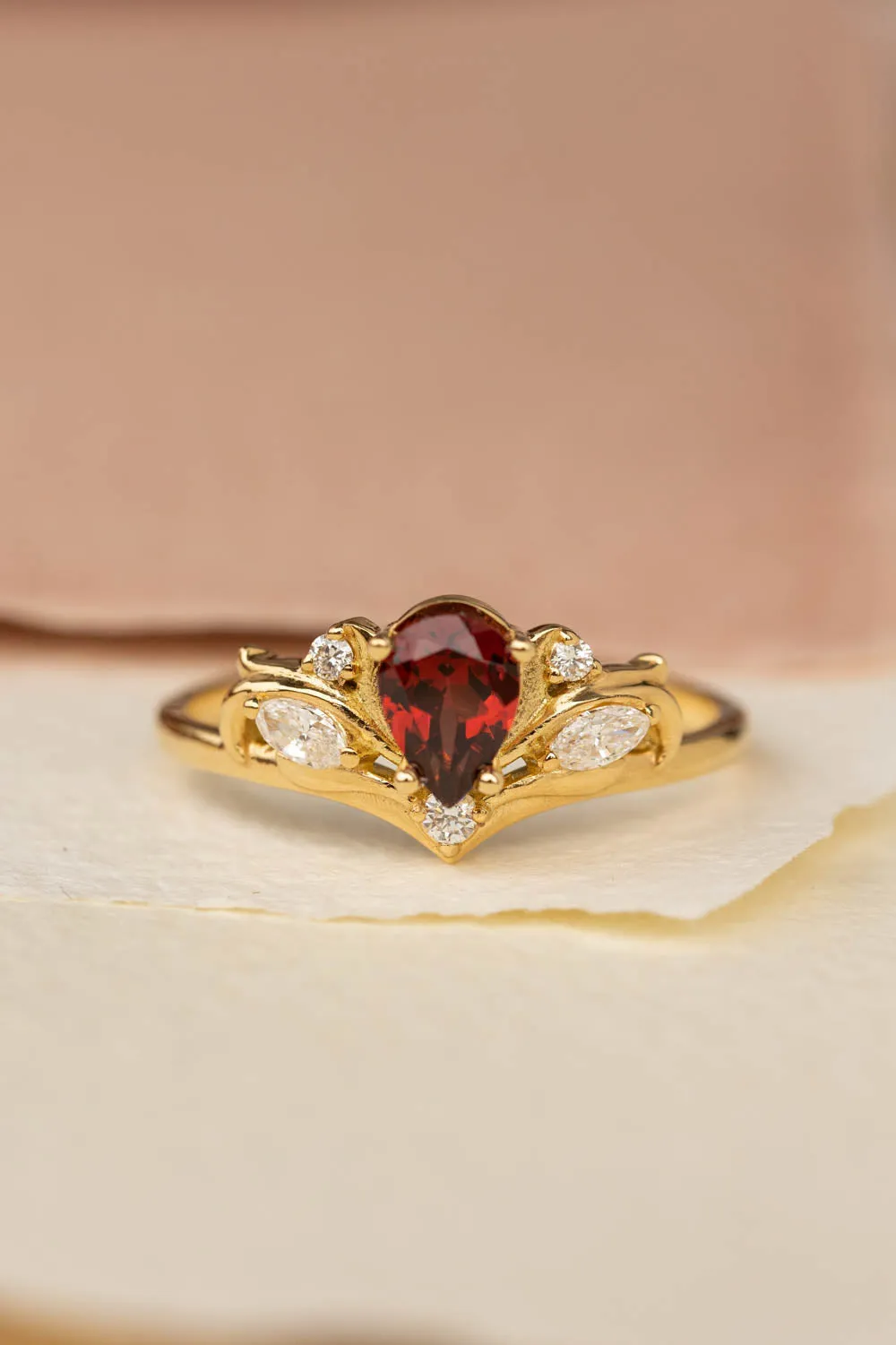 READY TO SHIP: Swanlake ring in 18K yellow gold, natural garnet pear 7x5 mm, natural diamonds, AVAILABLE RING SIZES: 8.5-10.5US