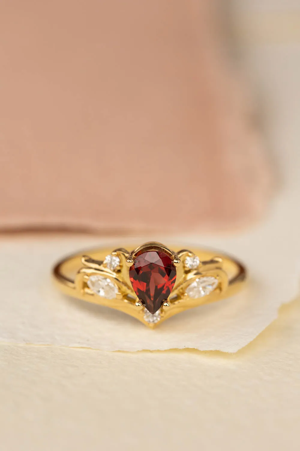 READY TO SHIP: Swanlake ring in 18K yellow gold, natural garnet pear 7x5 mm, natural diamonds, AVAILABLE RING SIZES: 8.5-10.5US