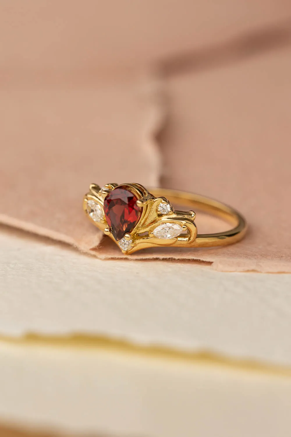 READY TO SHIP: Swanlake ring in 18K yellow gold, natural garnet pear 7x5 mm, natural diamonds, AVAILABLE RING SIZES: 8.5-10.5US