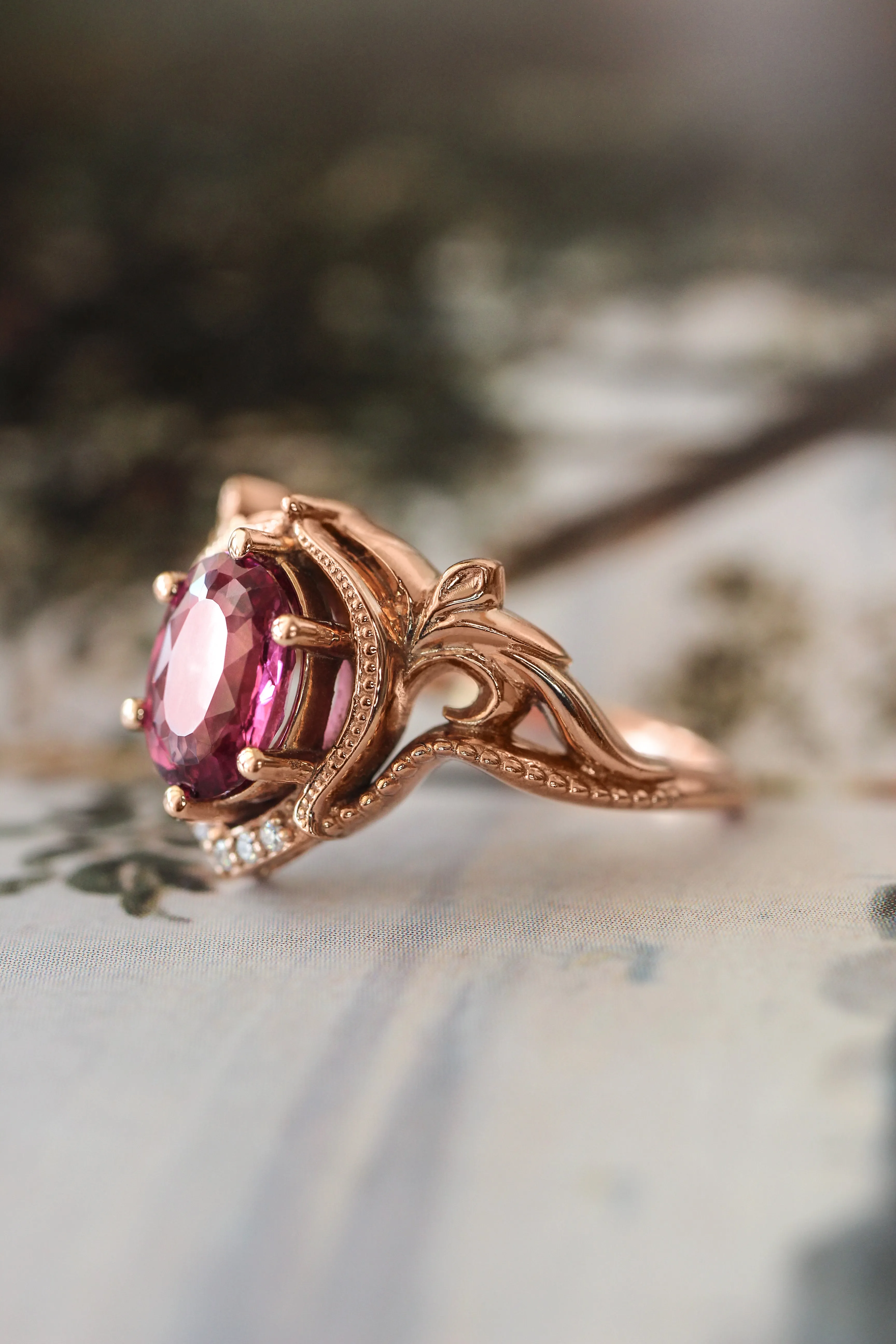 Rhodolite garnet and moissanites or diamonds engagement ring / Lida oval