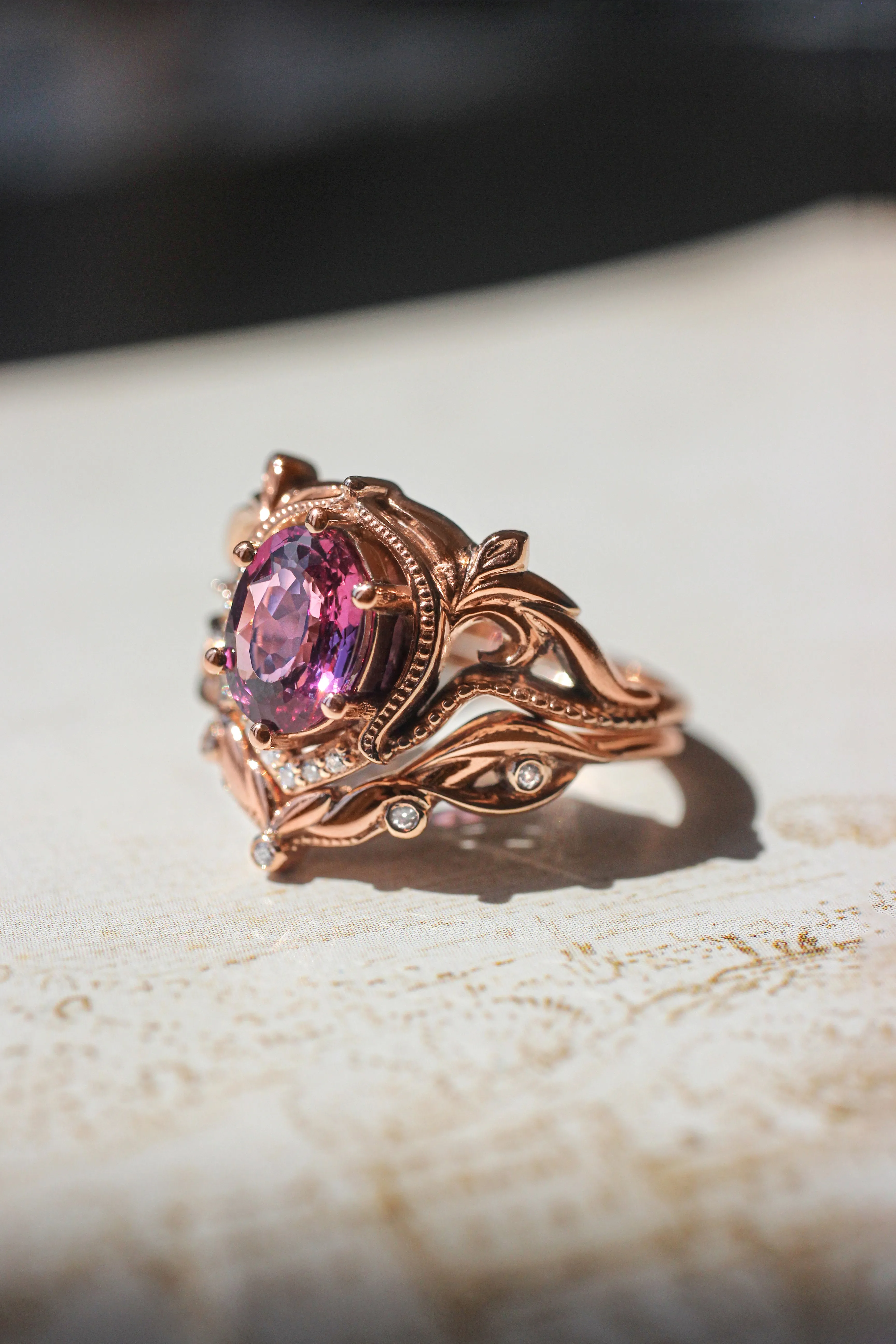 Rhodolite garnet and moissanites or diamonds engagement ring / Lida oval