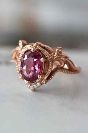 Rhodolite garnet and moissanites or diamonds engagement ring / Lida oval