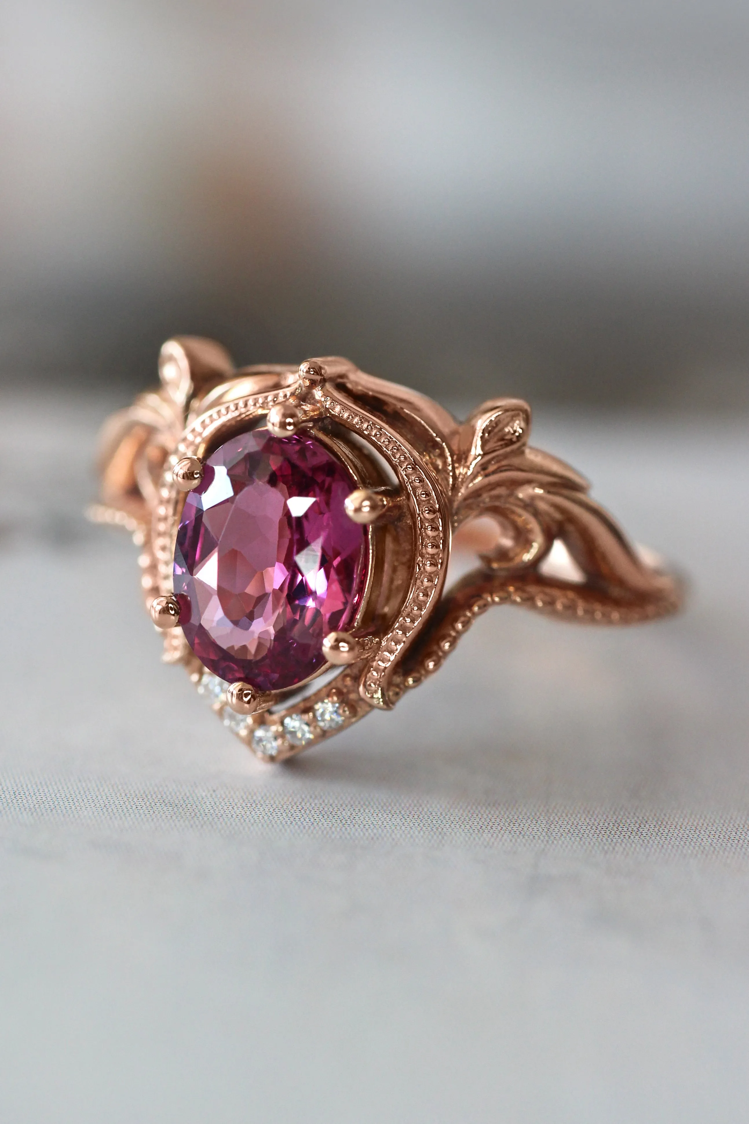 Rhodolite garnet and moissanites or diamonds engagement ring / Lida oval