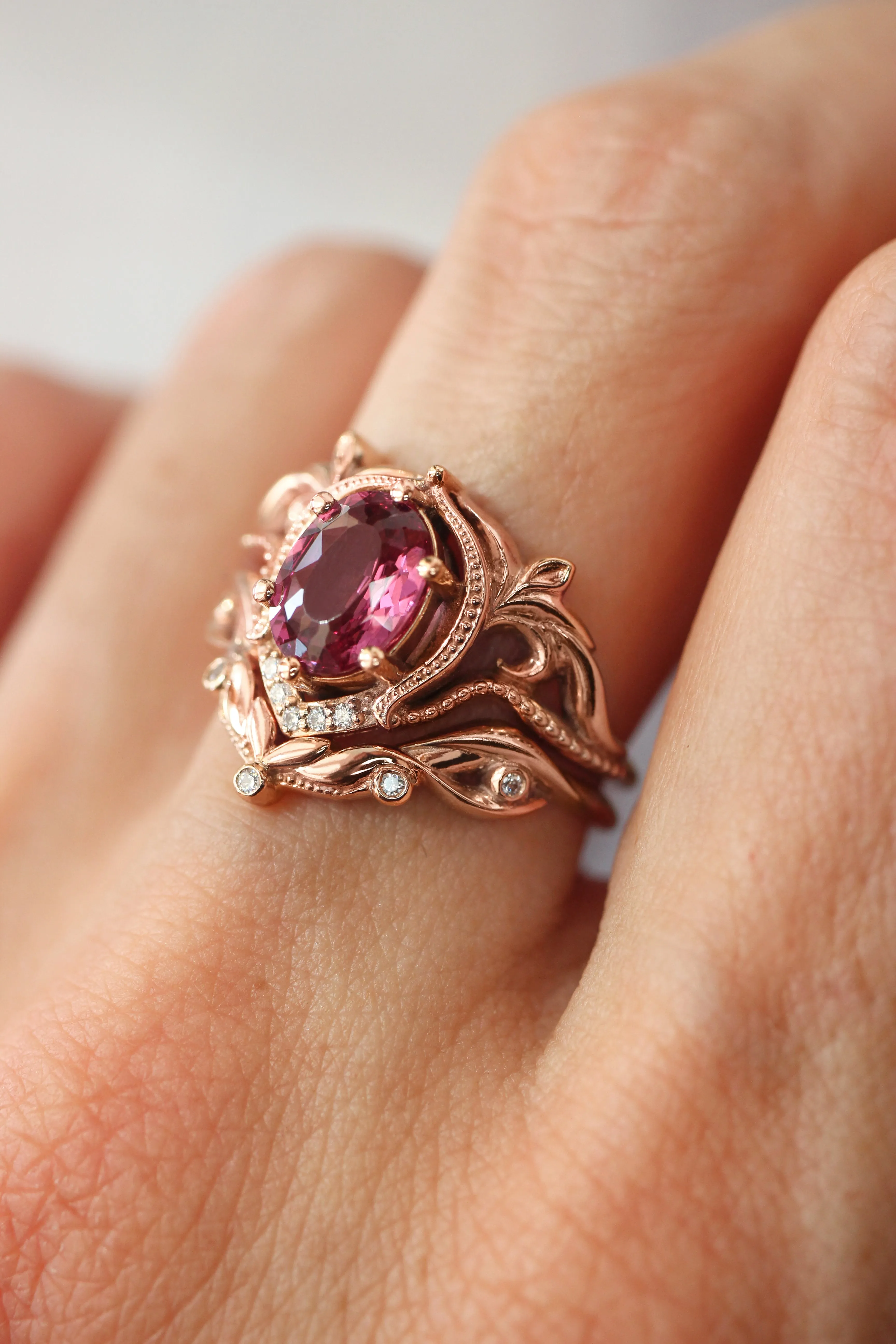 Rhodolite garnet and moissanites or diamonds engagement ring / Lida oval