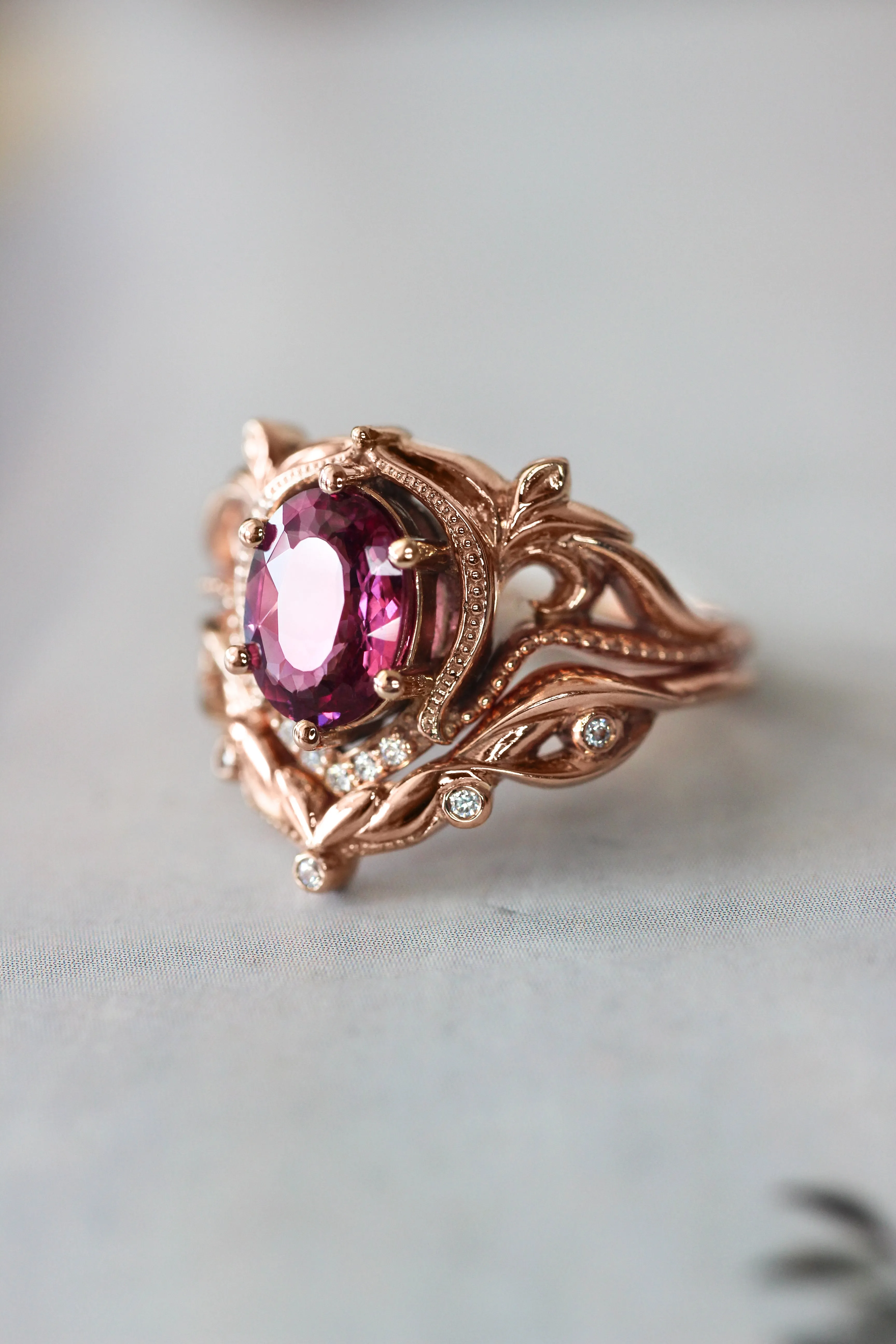 Rhodolite garnet and moissanites or diamonds engagement ring / Lida oval