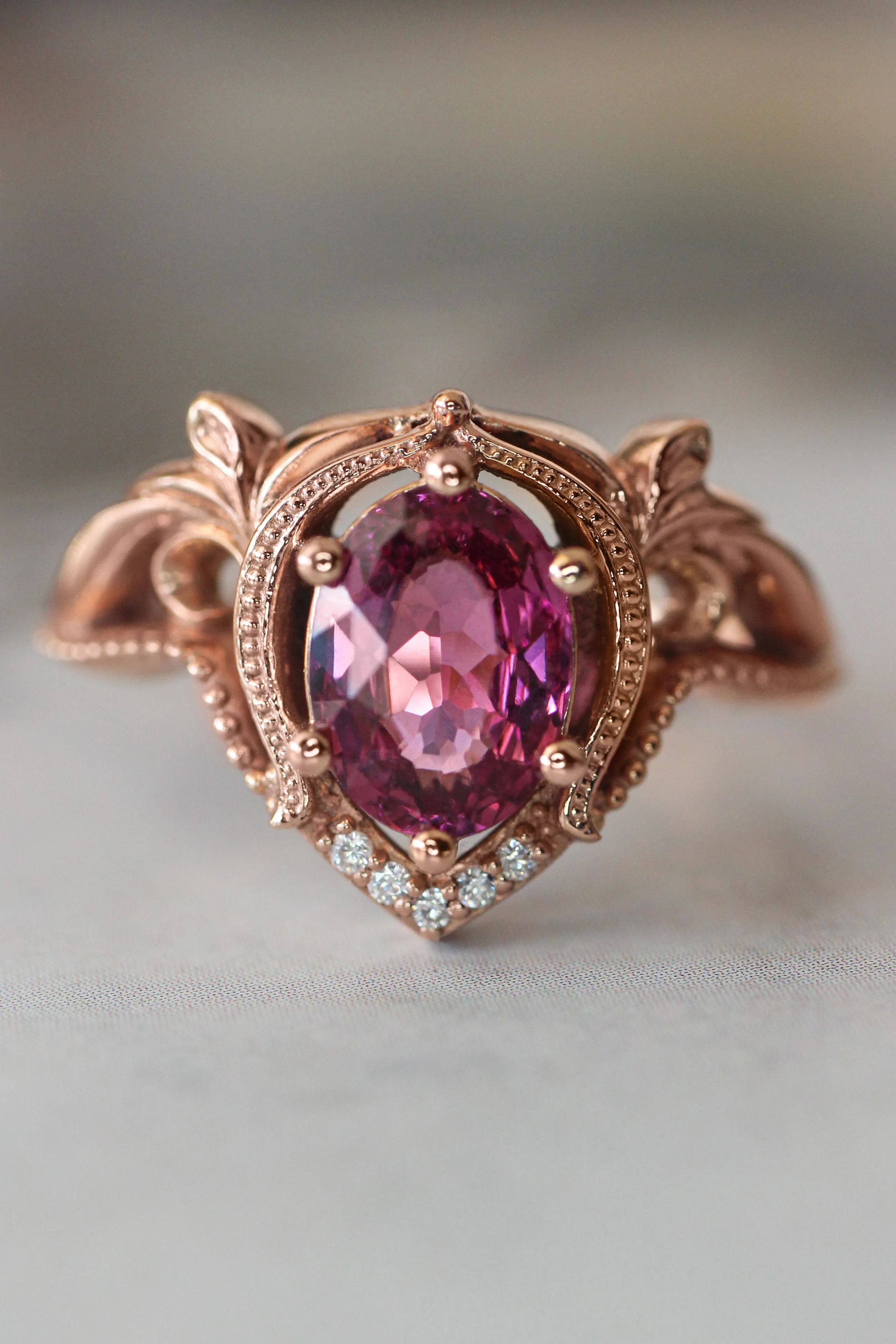 Rhodolite garnet and moissanites or diamonds engagement ring / Lida oval