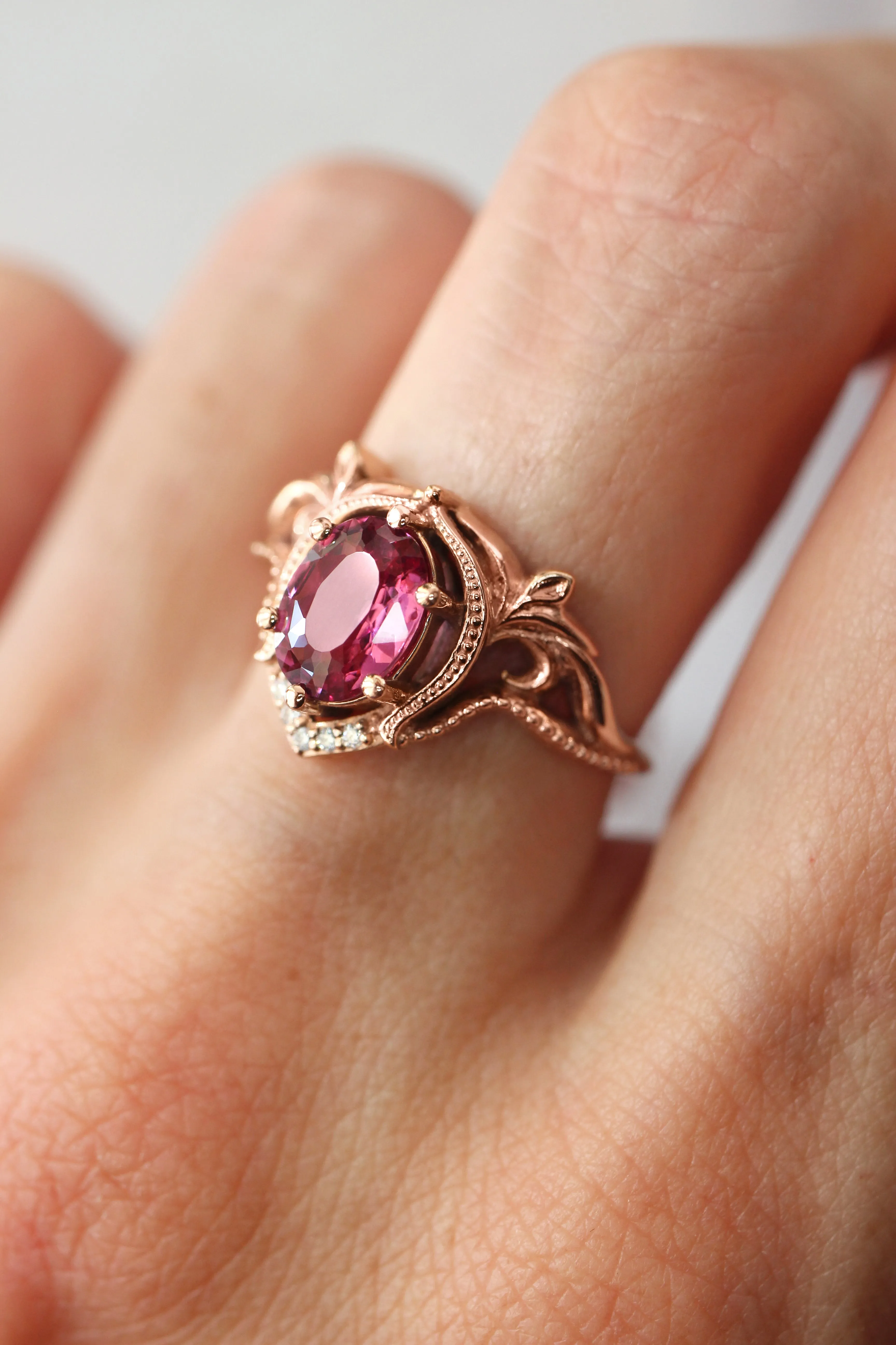 Rhodolite garnet and moissanites or diamonds engagement ring / Lida oval