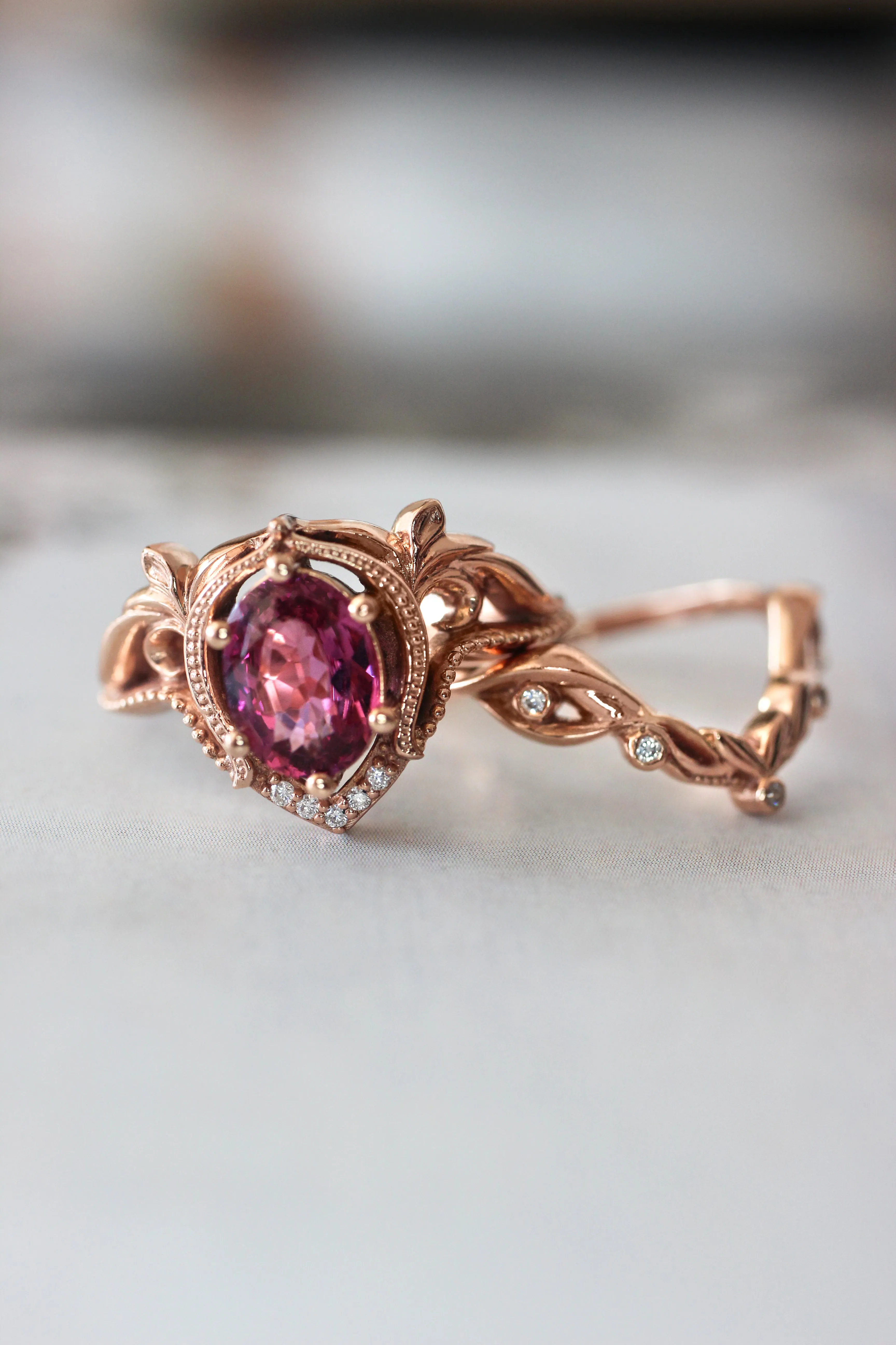 Rhodolite garnet and moissanites or diamonds engagement ring / Lida oval
