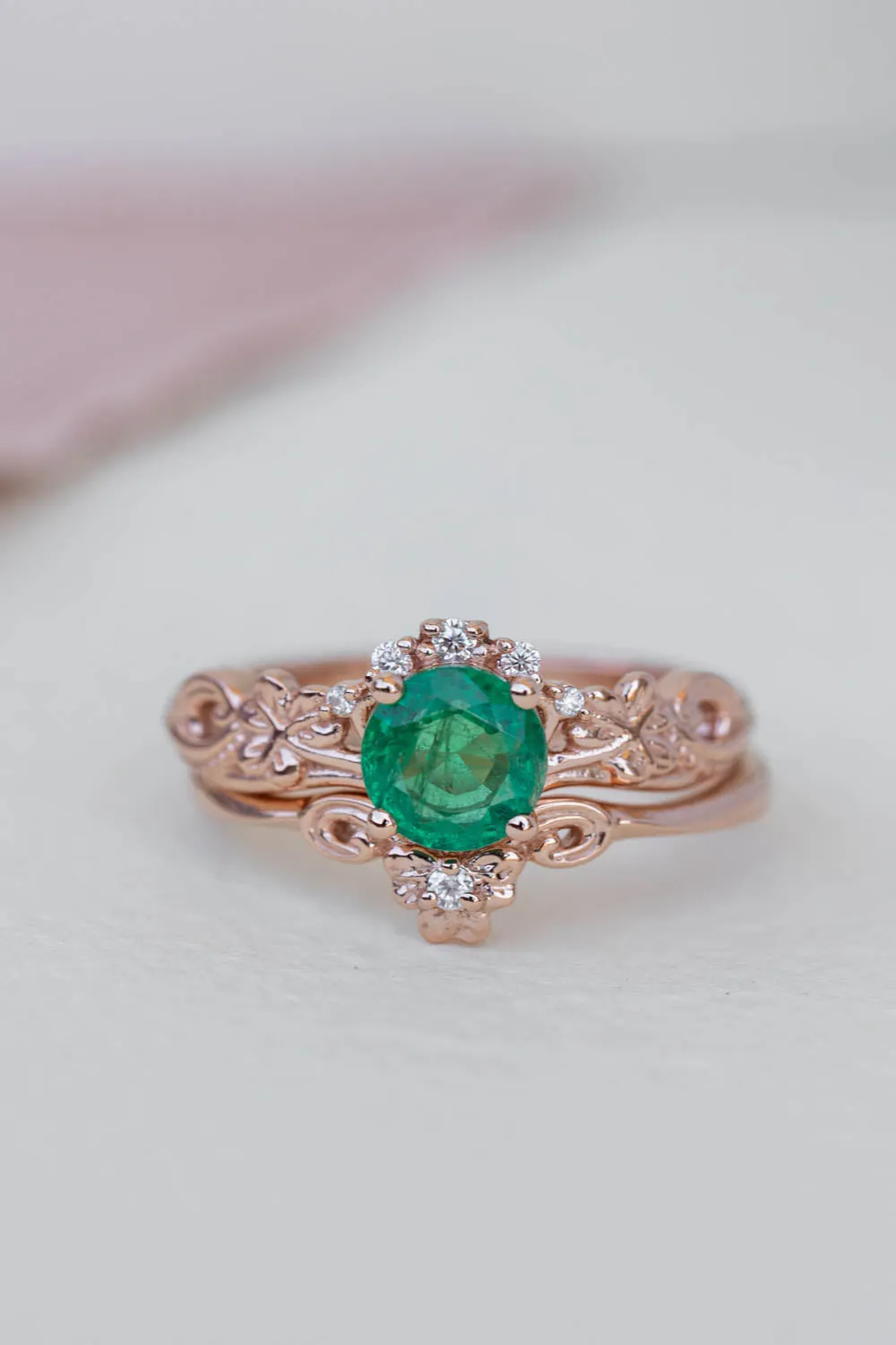 Round emerald rose gold engagement ring, clover leaves proposal ring with diamonds / Horta