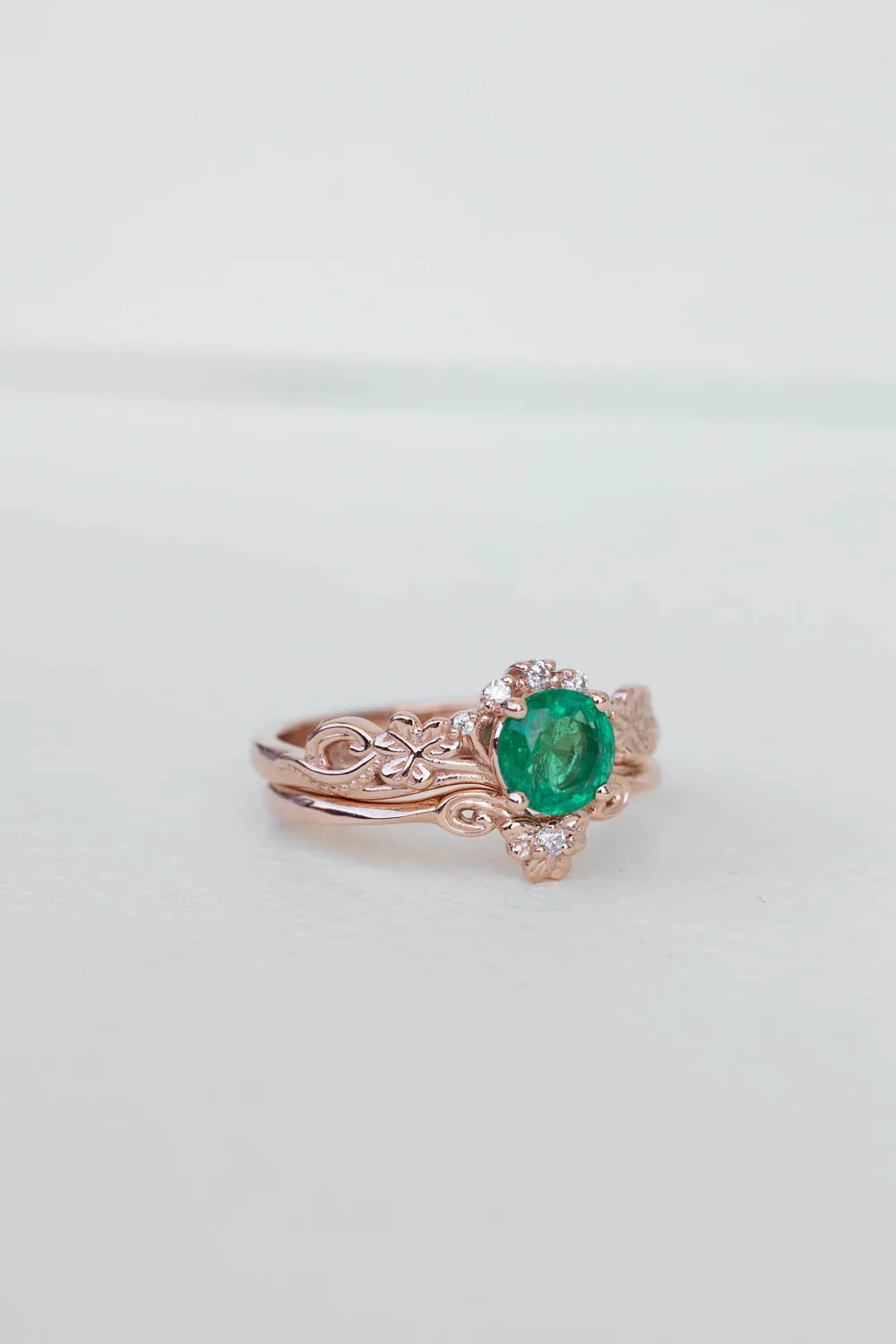 Round emerald rose gold engagement ring, clover leaves proposal ring with diamonds / Horta