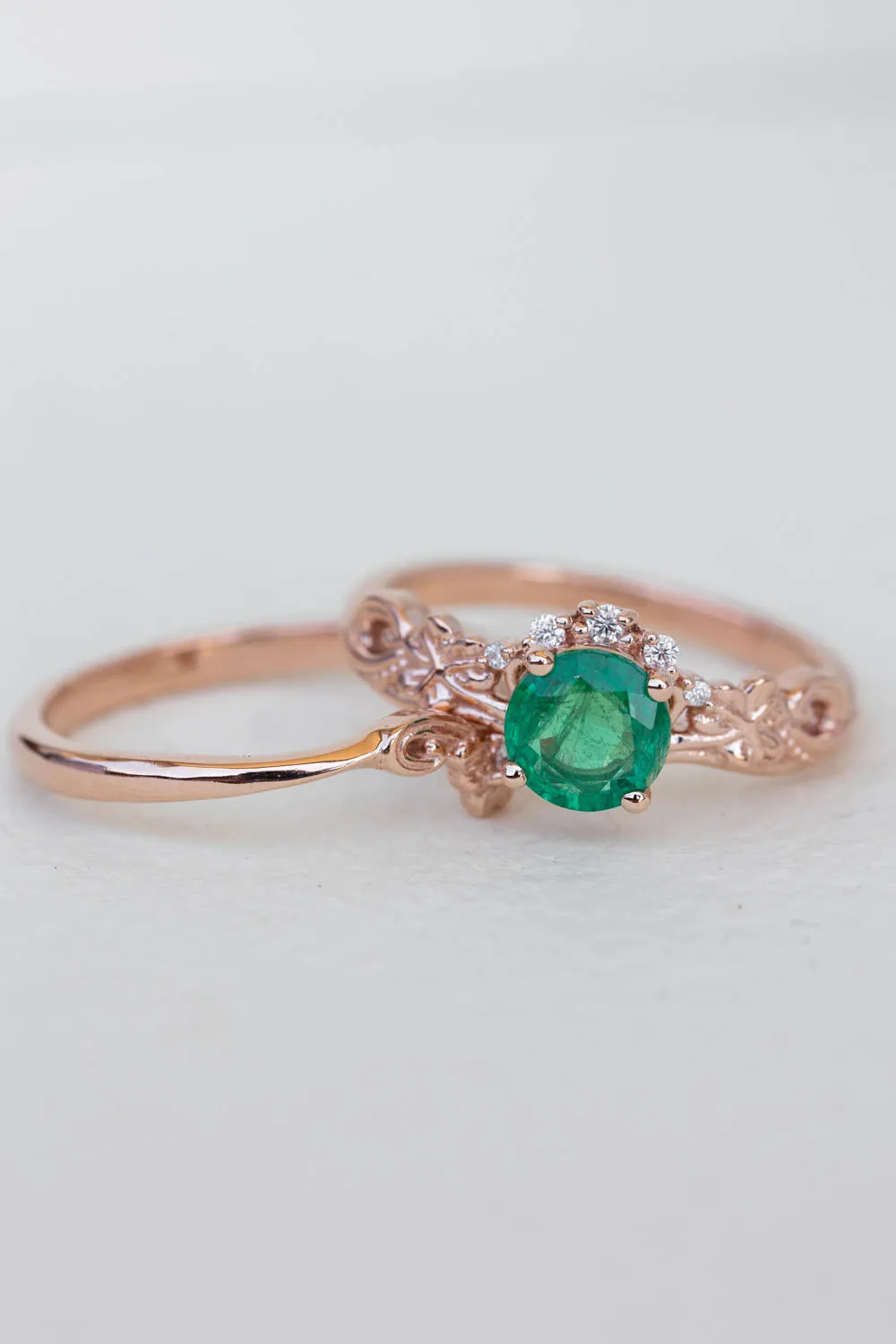 Round emerald rose gold engagement ring, clover leaves proposal ring with diamonds / Horta