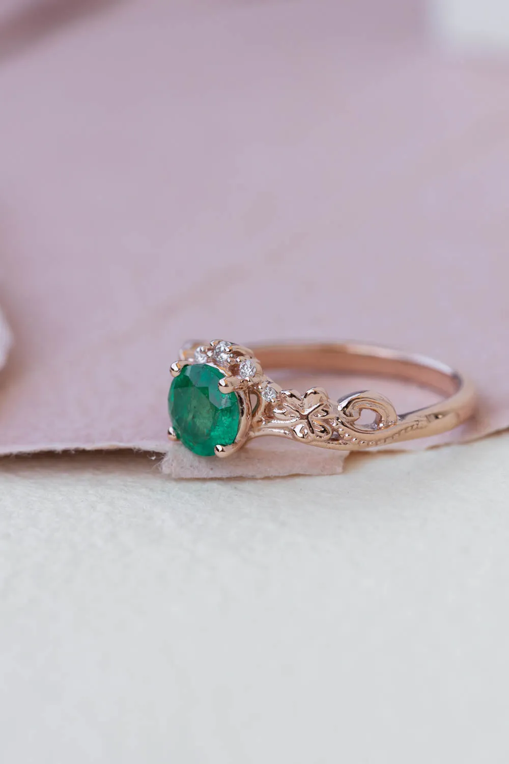 Round emerald rose gold engagement ring, clover leaves proposal ring with diamonds / Horta