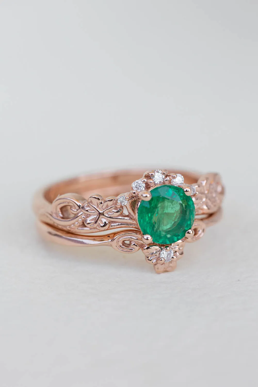 Round emerald rose gold engagement ring, clover leaves proposal ring with diamonds / Horta