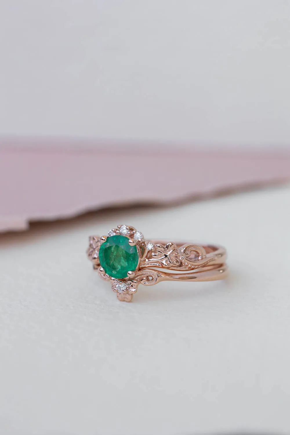 Round emerald rose gold engagement ring, clover leaves proposal ring with diamonds / Horta