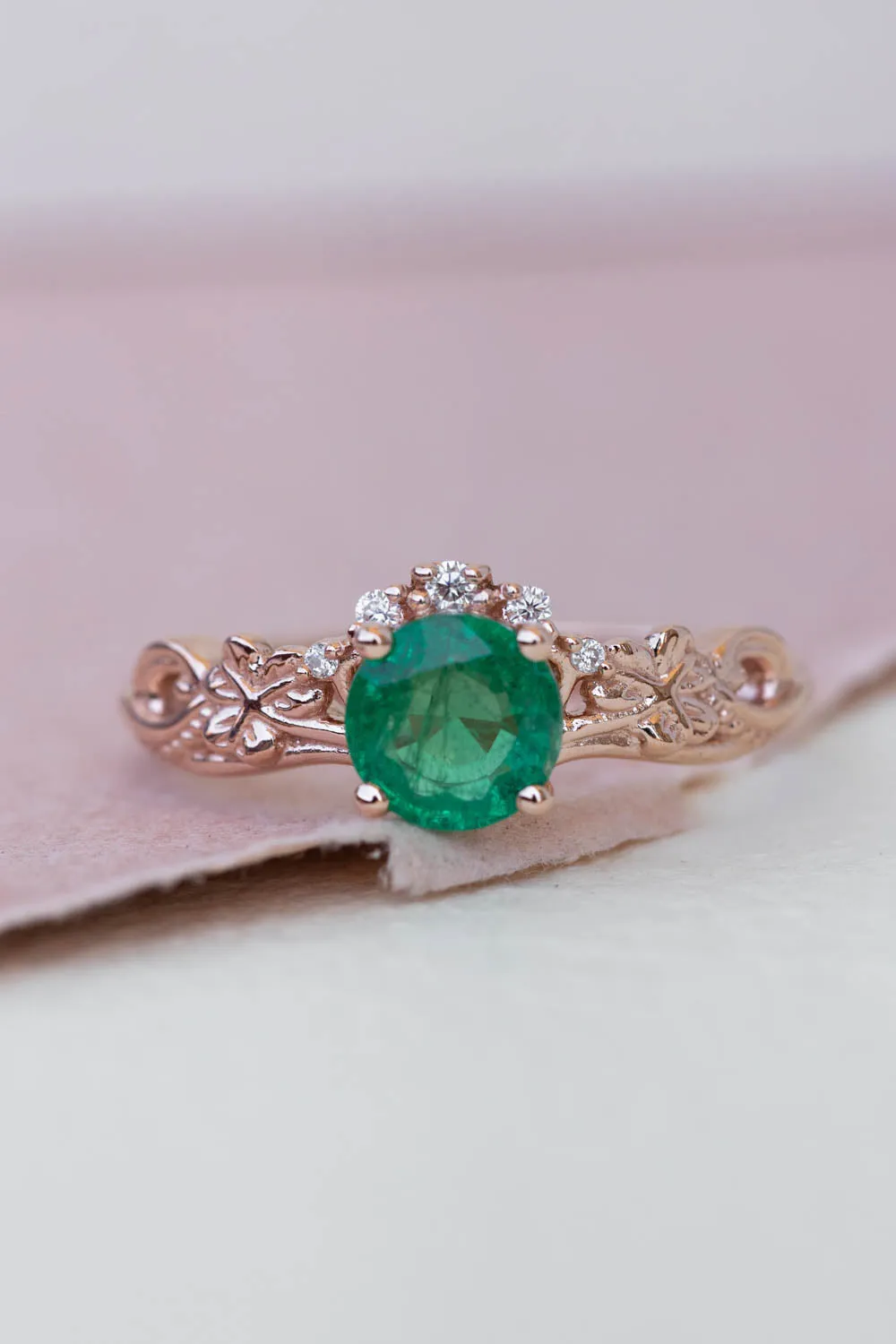 Round emerald rose gold engagement ring, clover leaves proposal ring with diamonds / Horta