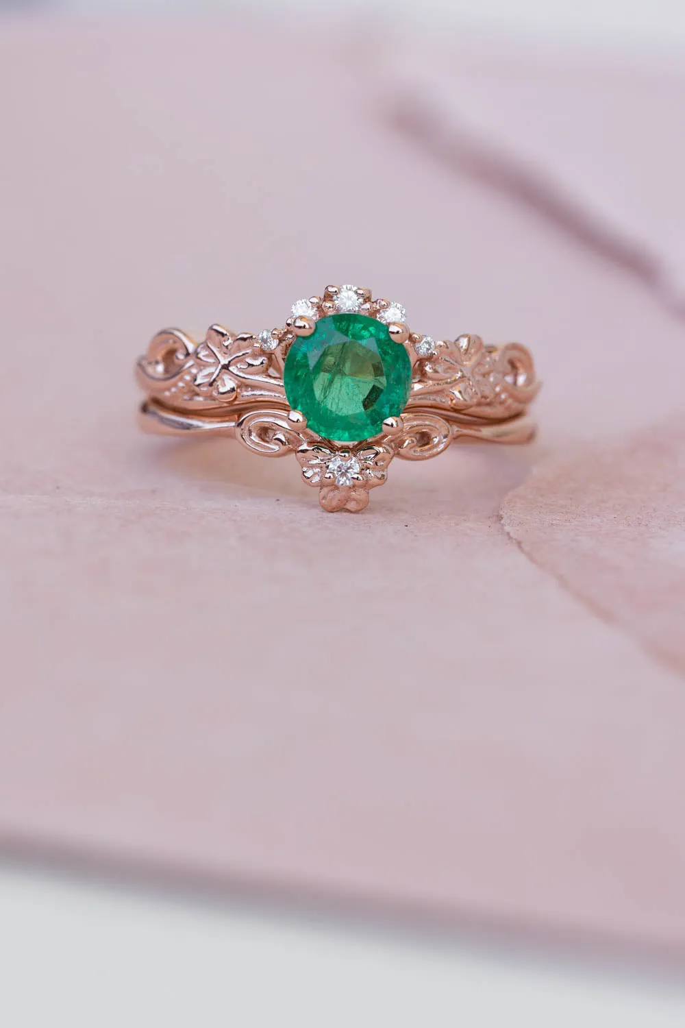 Round emerald rose gold engagement ring, clover leaves proposal ring with diamonds / Horta