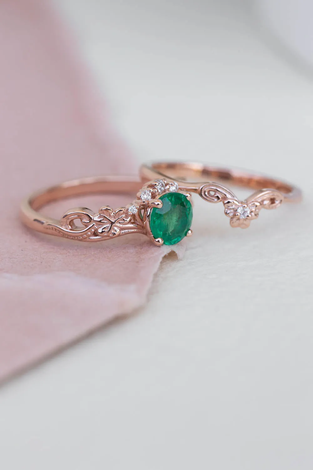 Round emerald rose gold engagement ring, clover leaves proposal ring with diamonds / Horta
