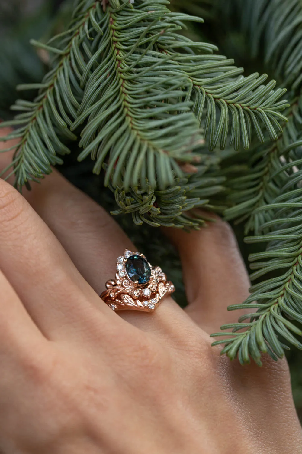 Sapphire rose gold engagement ring, half halo diamond gold proposal ring / Sophie