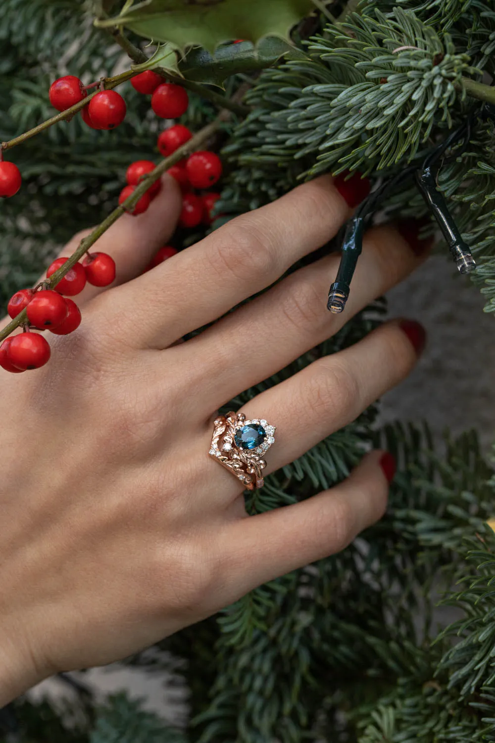 Sapphire rose gold engagement ring, half halo diamond gold proposal ring / Sophie