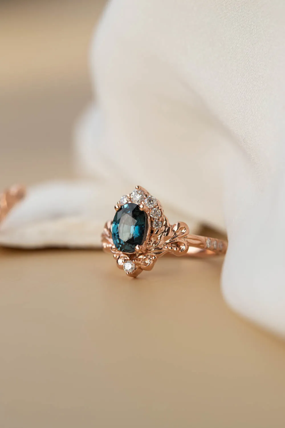 Sapphire rose gold engagement ring, half halo diamond gold proposal ring / Sophie