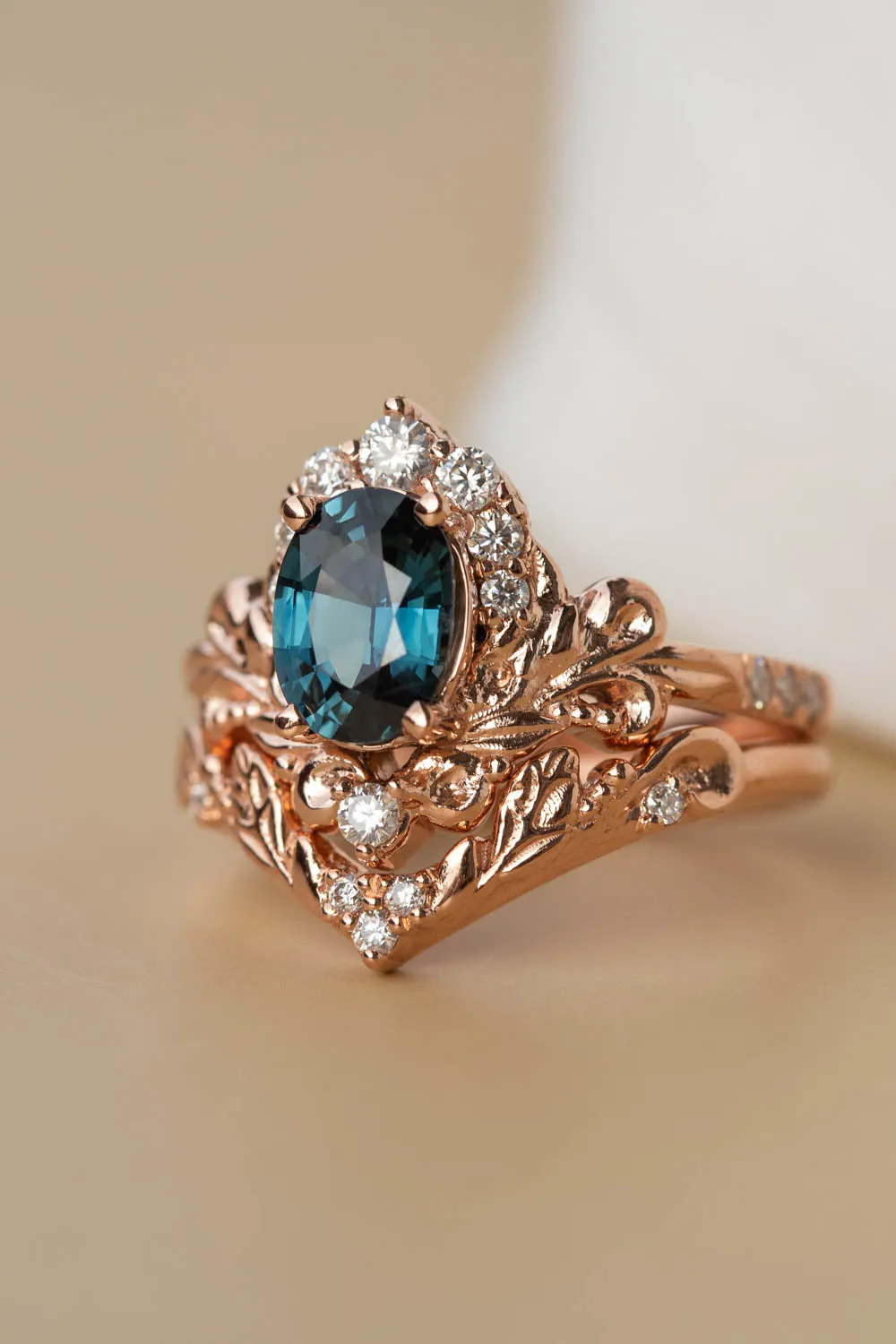 Sapphire rose gold engagement ring, half halo diamond gold proposal ring / Sophie