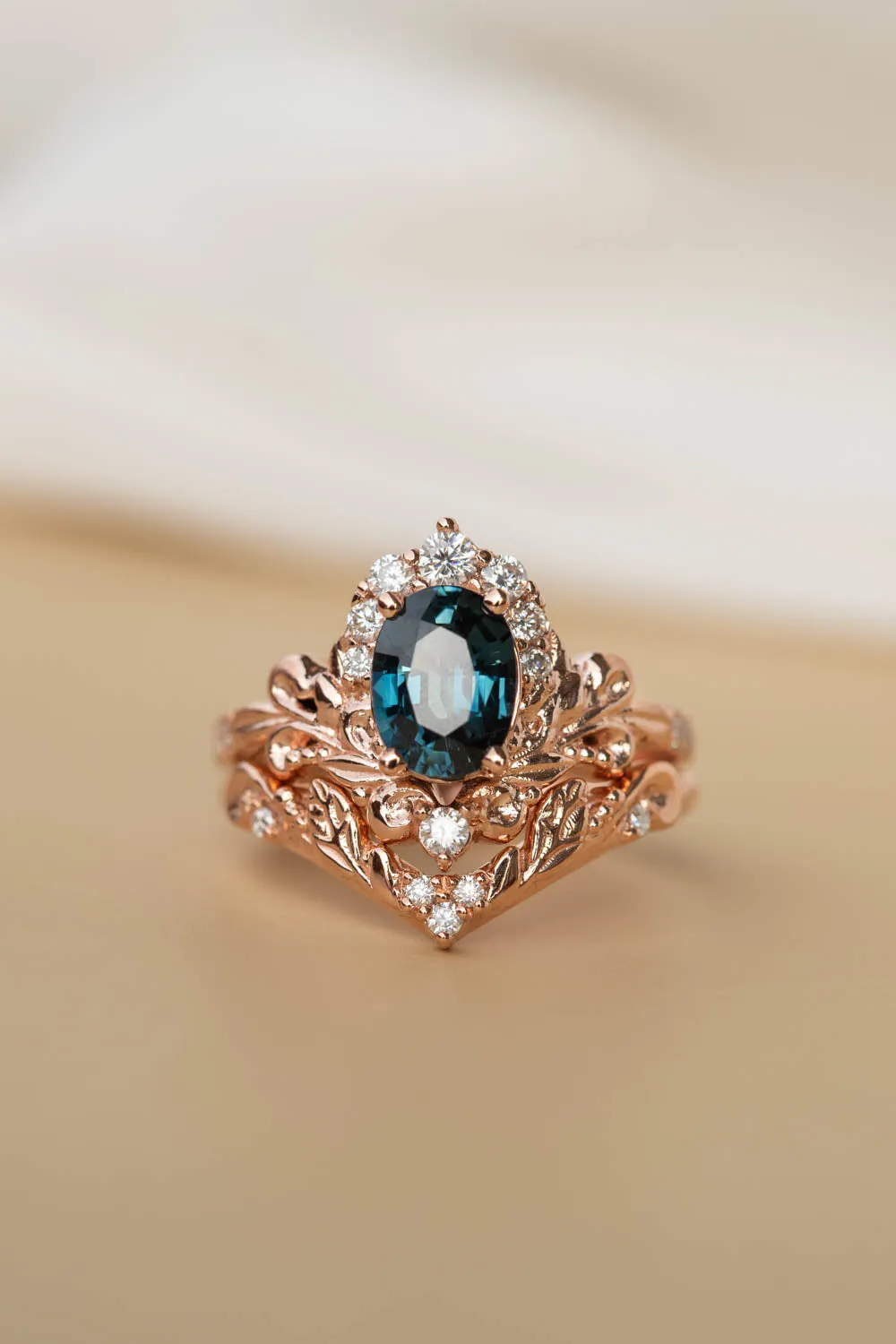 Sapphire rose gold engagement ring, half halo diamond gold proposal ring / Sophie