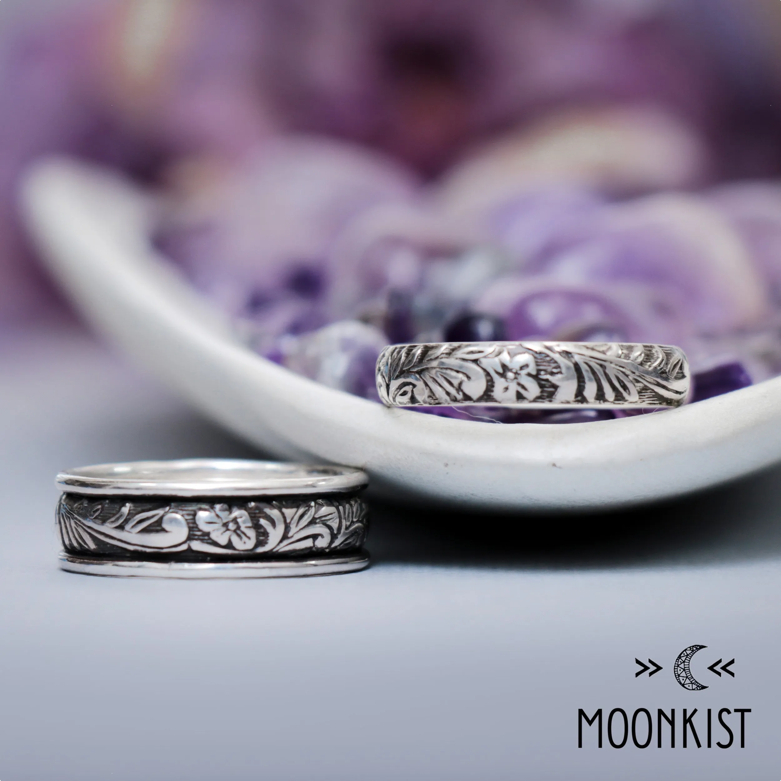 Silver Flower and Leaf Wedding Band Set | Moonkist Designs