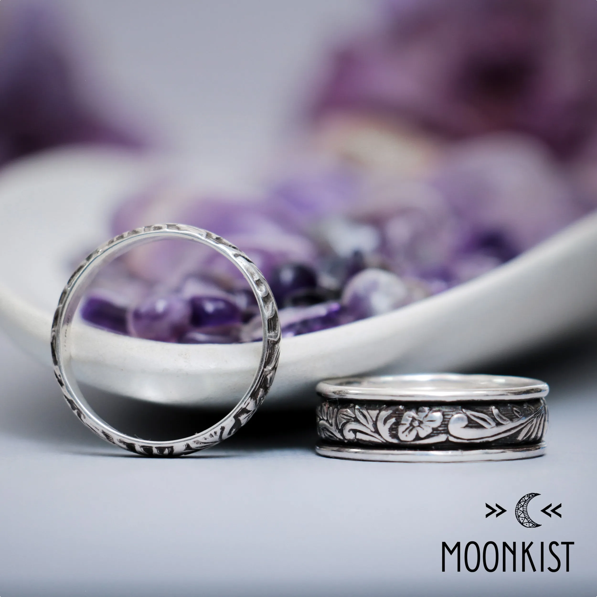 Silver Flower and Leaf Wedding Band Set | Moonkist Designs
