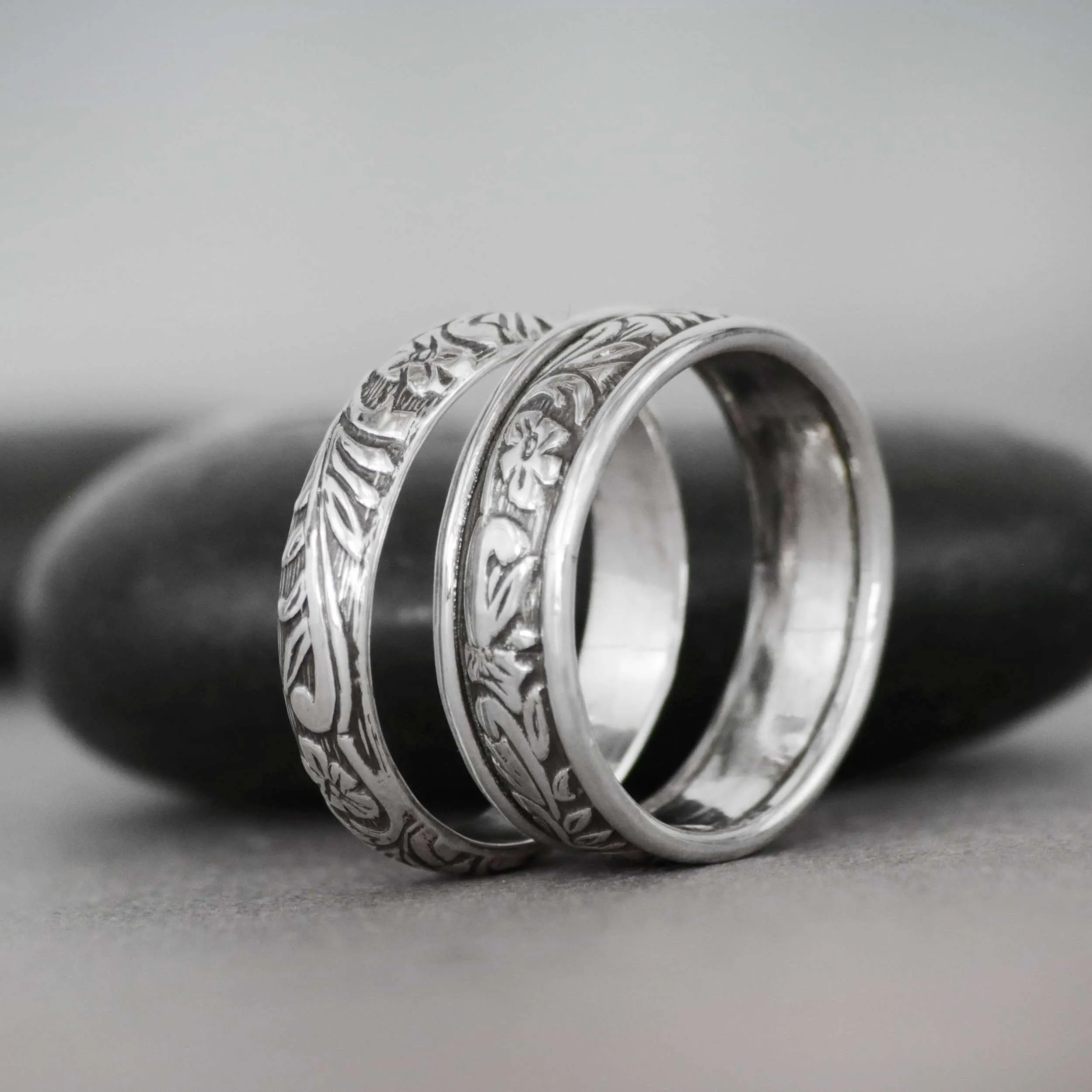 Silver Flower and Leaf Wedding Band Set | Moonkist Designs