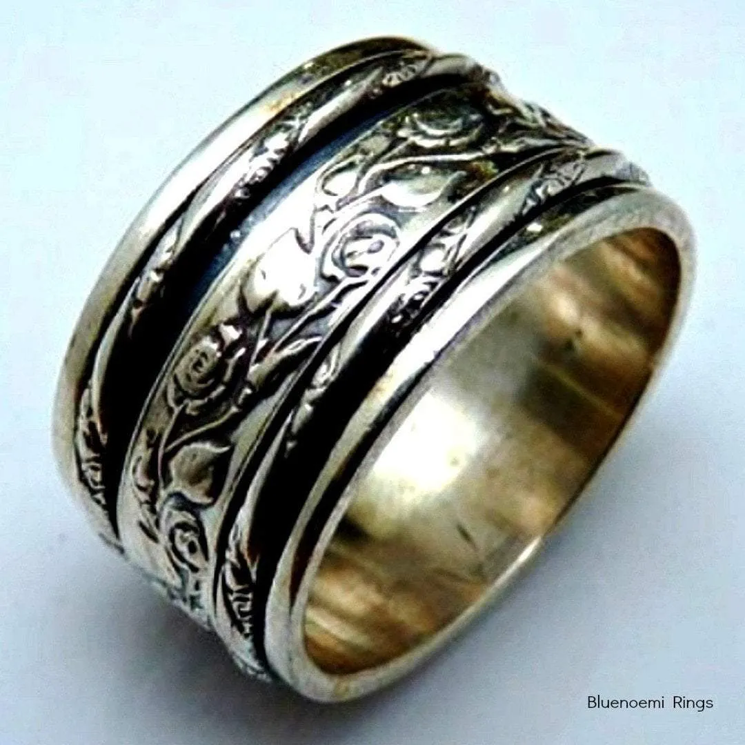 Sterling Silver Spinner ring designer jewelry floral Israeli rings