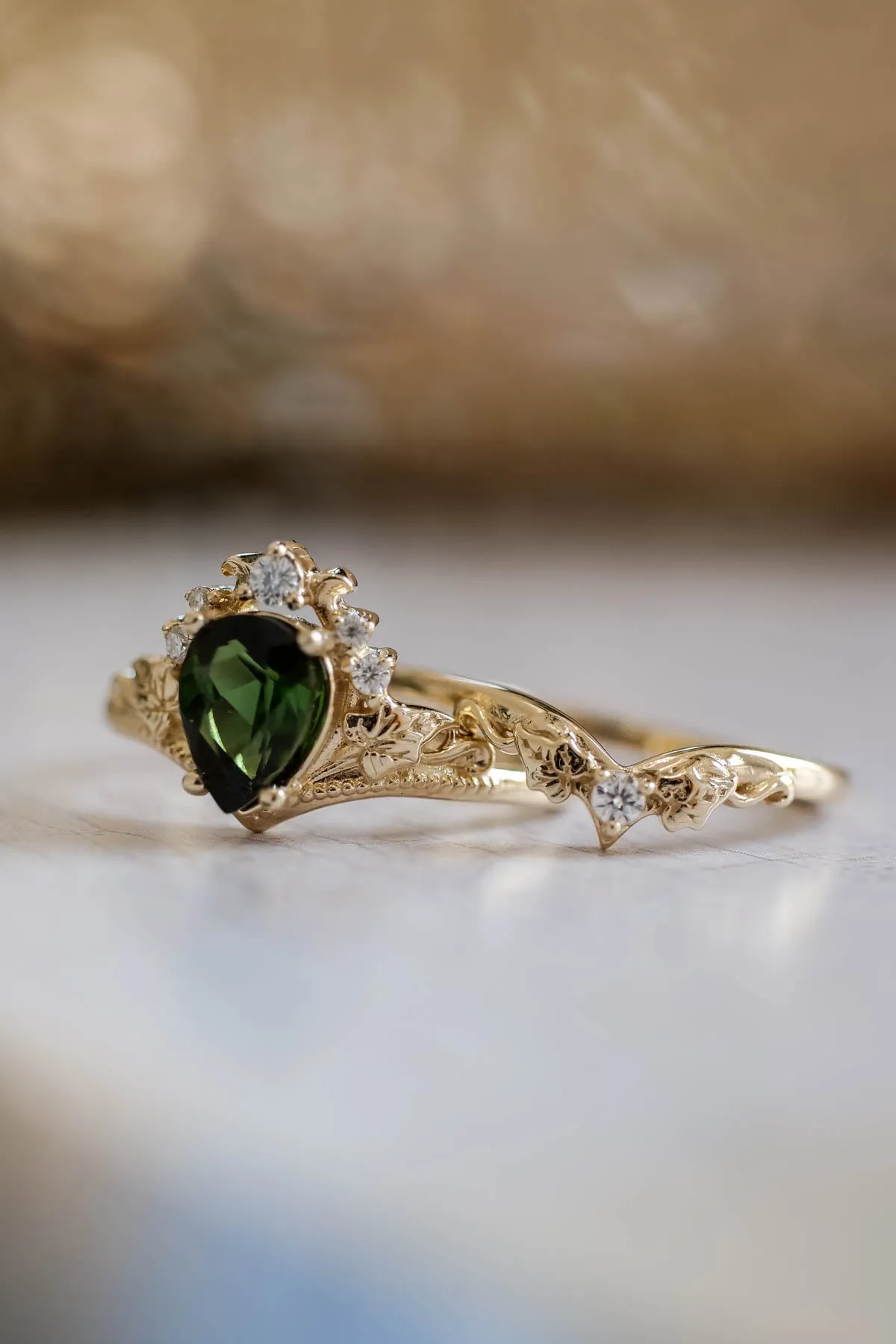Tourmaline and diamonds engagement ring, green stone proposal ring / Ariadne