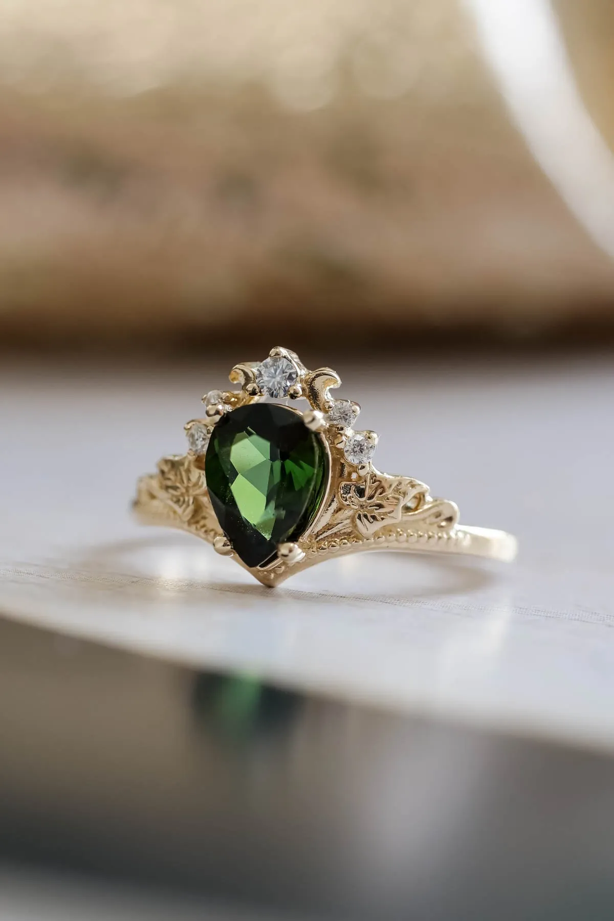 Tourmaline and diamonds engagement ring, green stone proposal ring / Ariadne