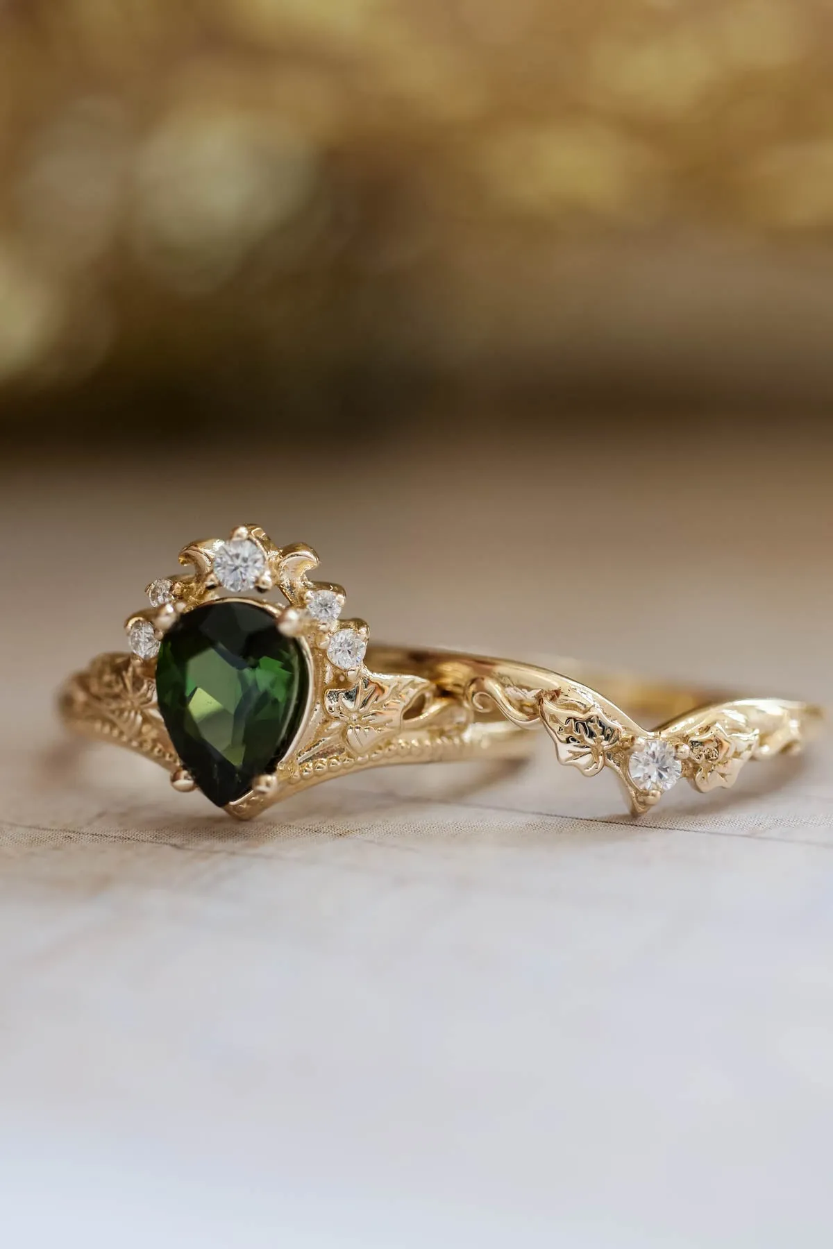 Tourmaline and diamonds engagement ring, green stone proposal ring / Ariadne