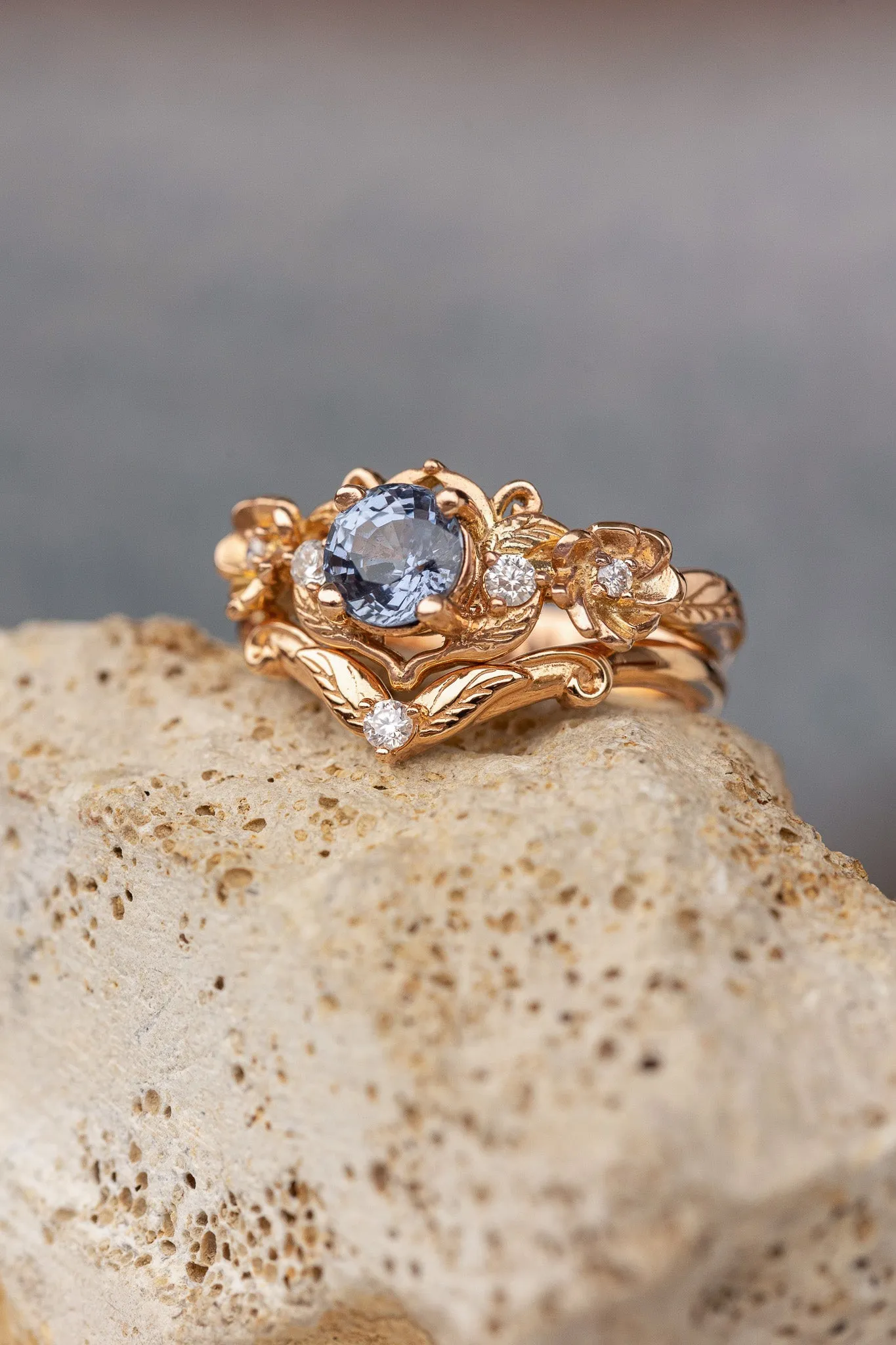 Violetish blue sapphire engagement ring set, stacking rings set with flower and diamonds / Adelina