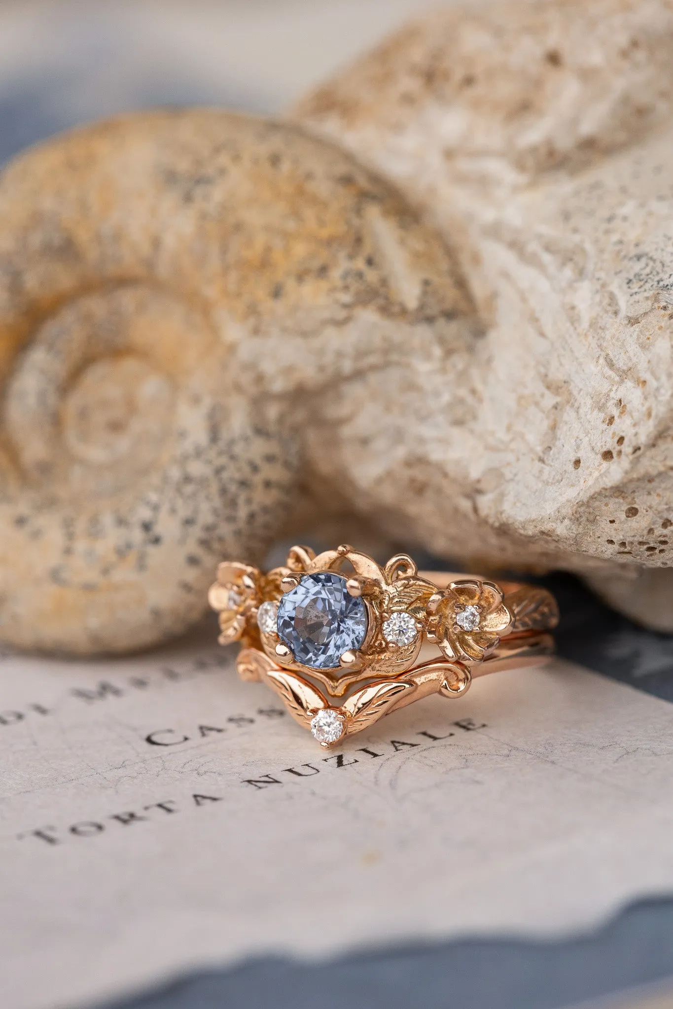 Violetish blue sapphire engagement ring set, stacking rings set with flower and diamonds / Adelina