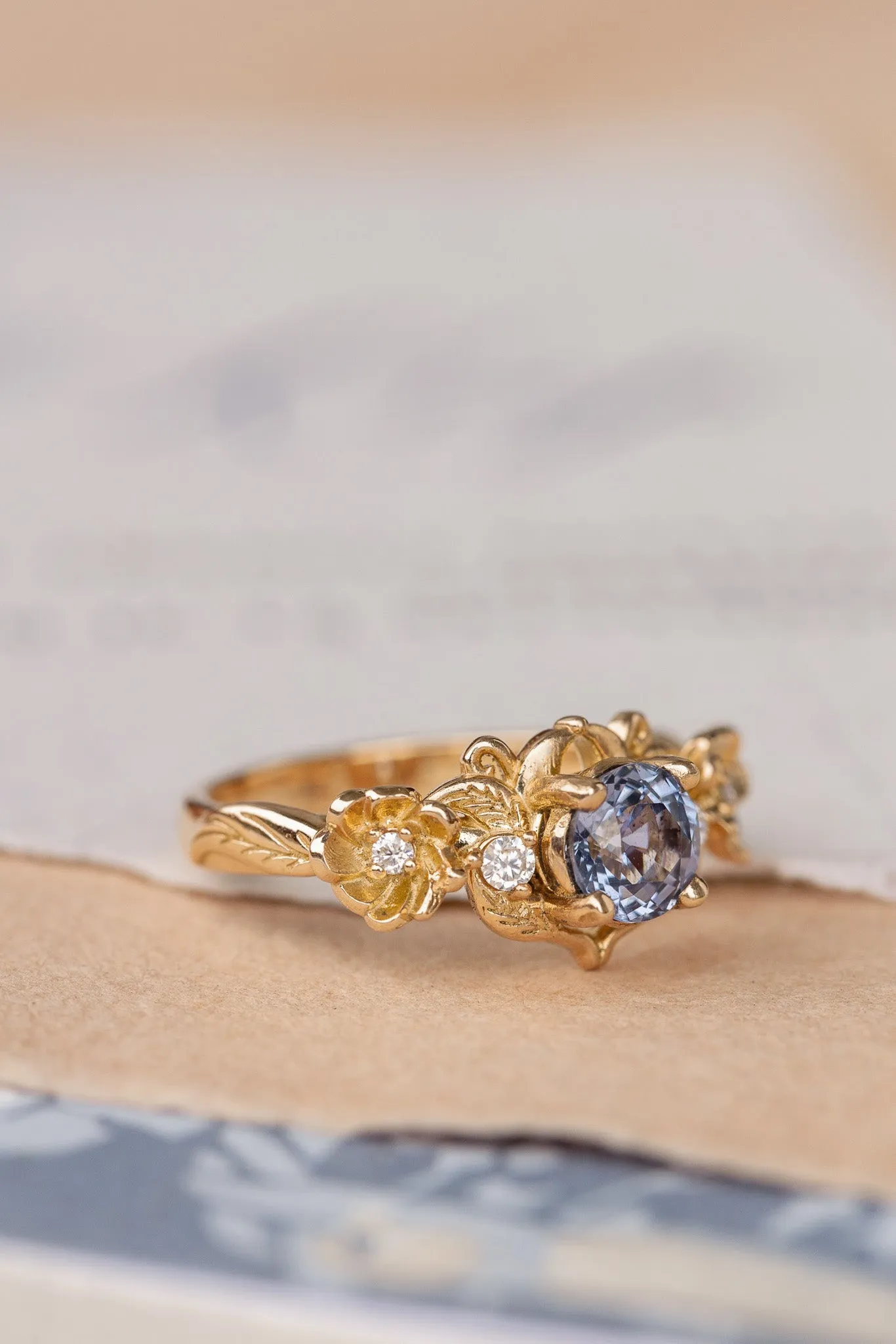 Violetish blue sapphire engagement ring set, stacking rings set with flower and diamonds / Adelina