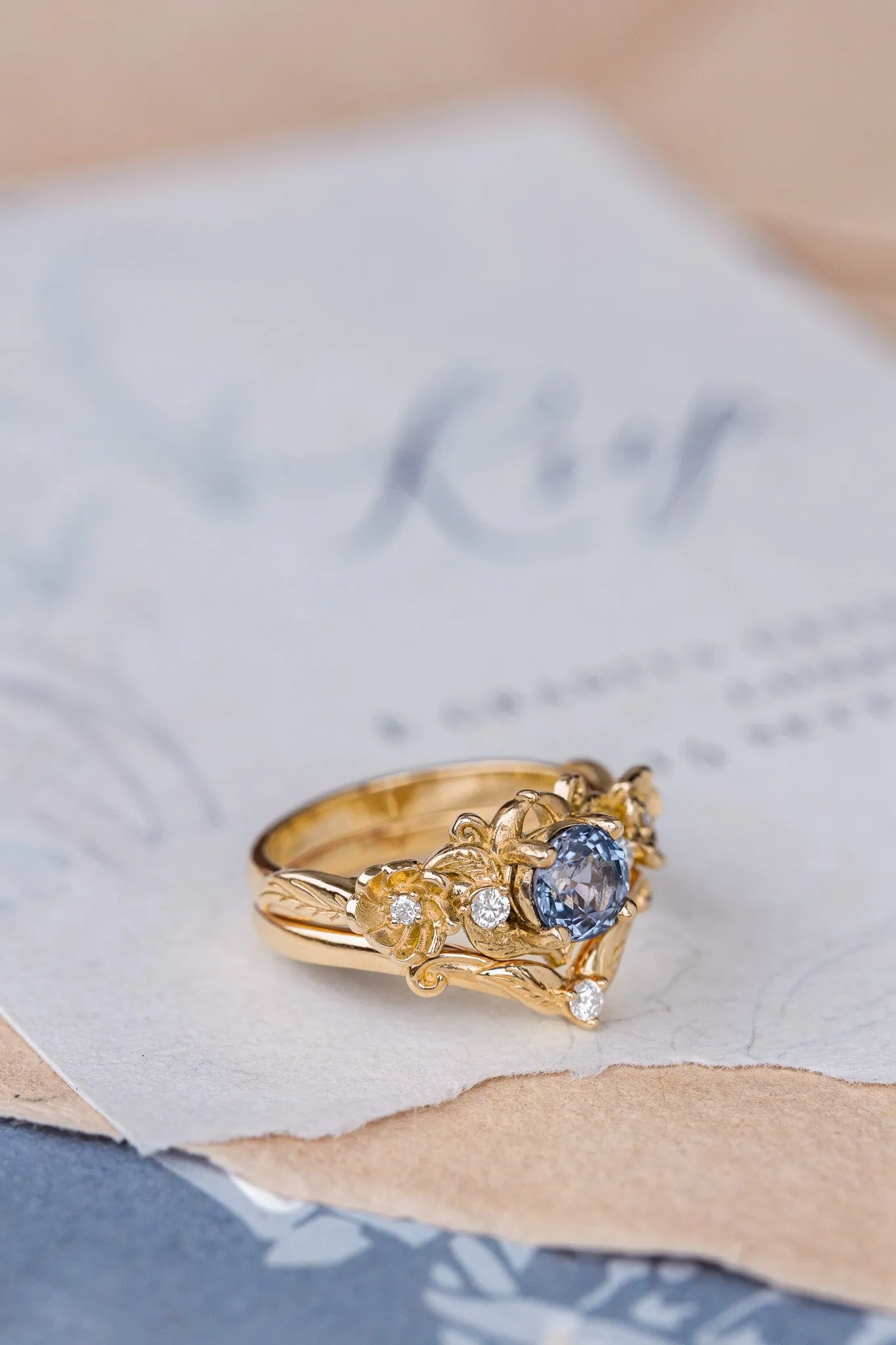 Violetish blue sapphire engagement ring set, stacking rings set with flower and diamonds / Adelina