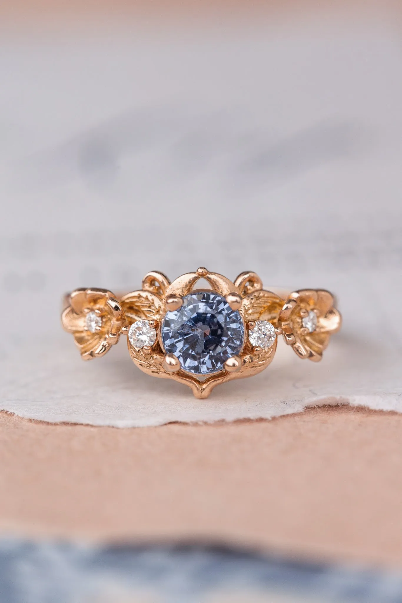Violetish blue sapphire engagement ring set, stacking rings set with flower and diamonds / Adelina