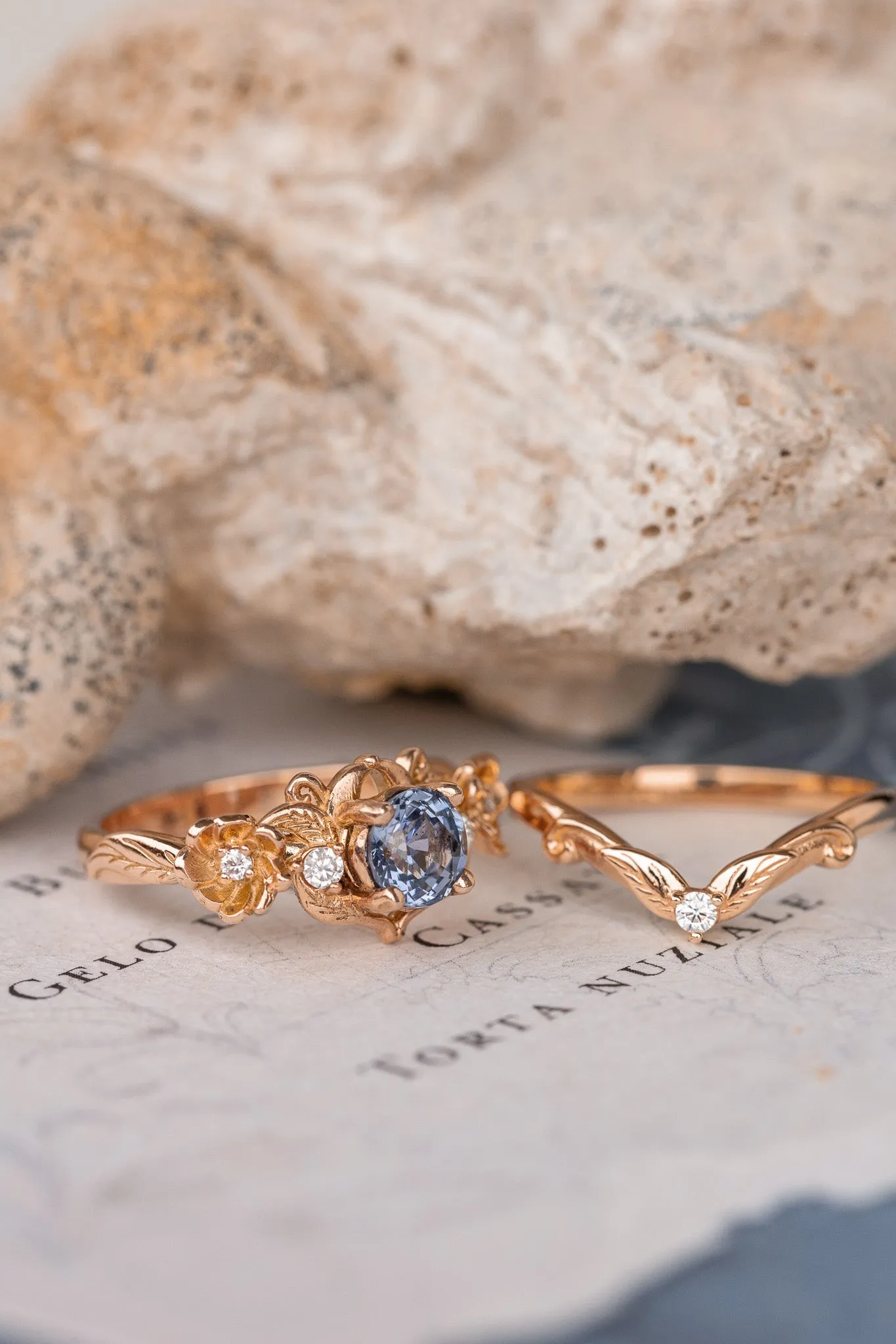 Violetish blue sapphire engagement ring set, stacking rings set with flower and diamonds / Adelina