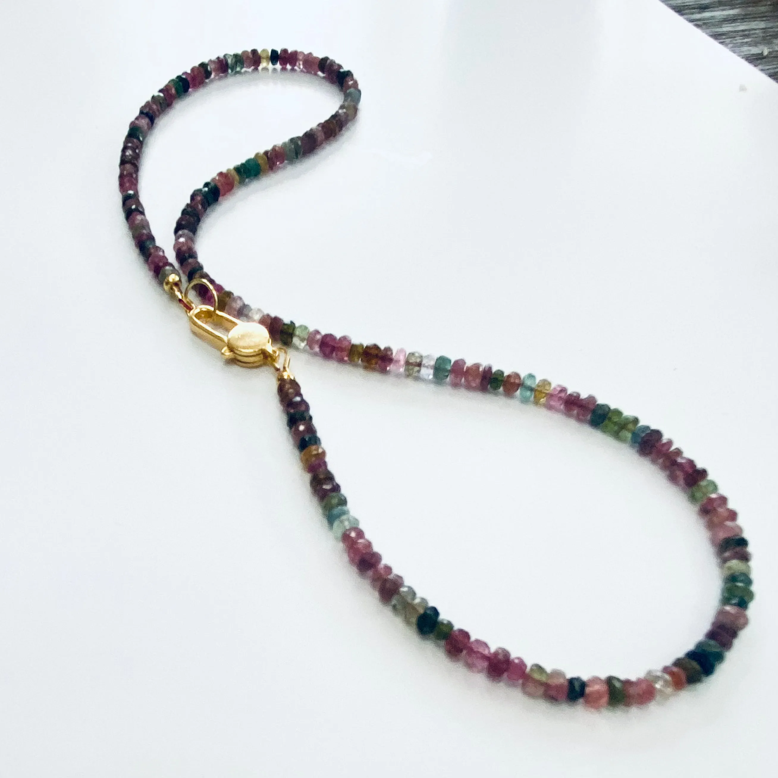 Watermelon Multi Color Tourmaline Necklace, Gold Vermeil Plated Silver, 19inches, October Birthstone