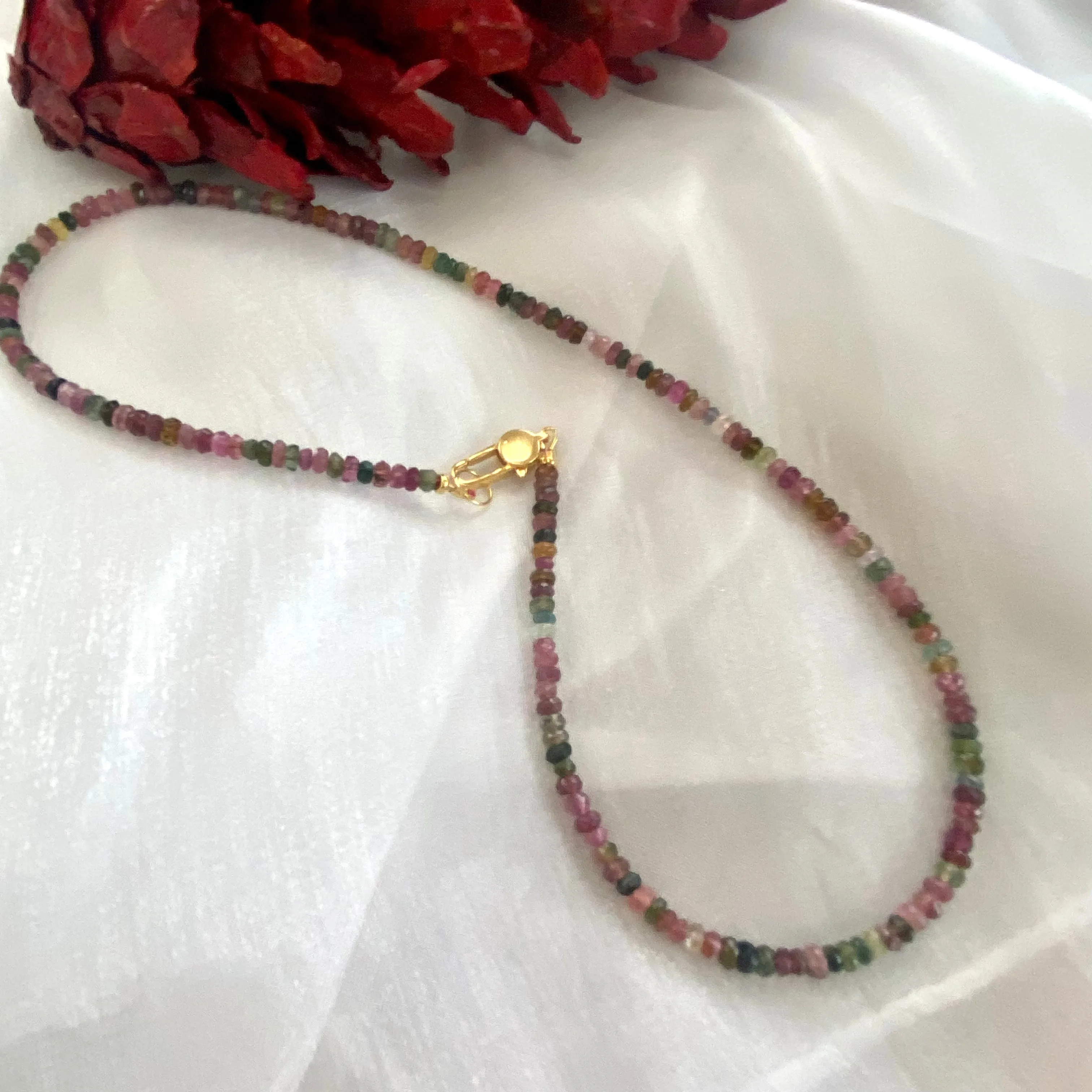Watermelon Multi Color Tourmaline Necklace, Gold Vermeil Plated Silver, 19inches, October Birthstone