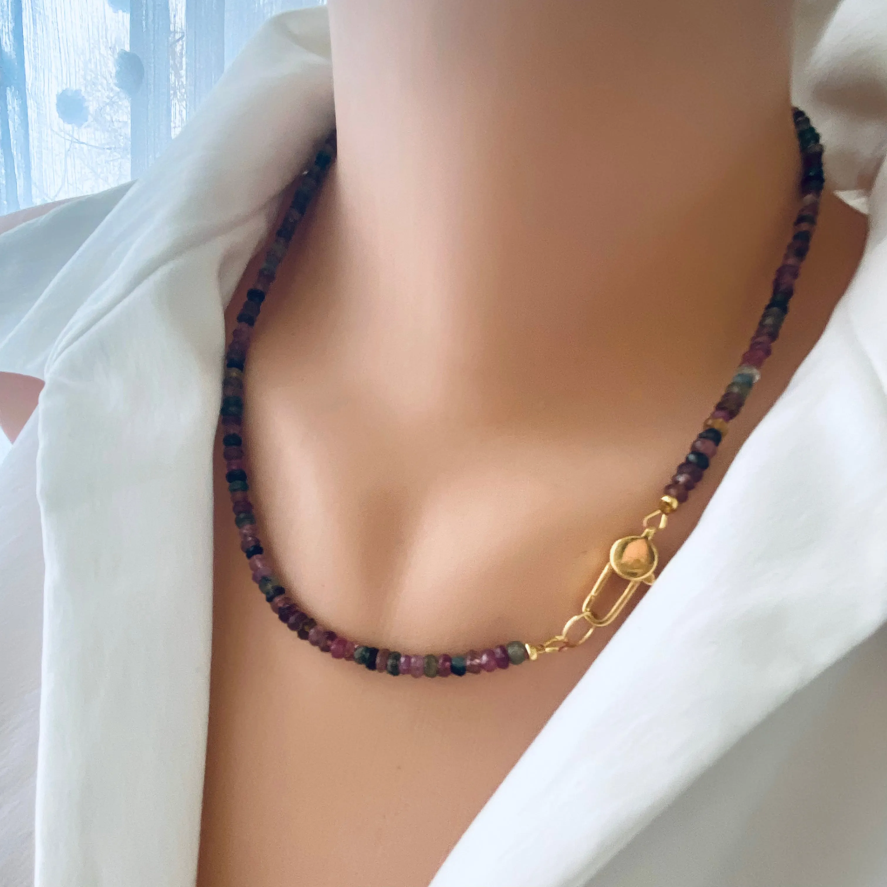 Watermelon Multi Color Tourmaline Necklace, Gold Vermeil Plated Silver, 19inches, October Birthstone