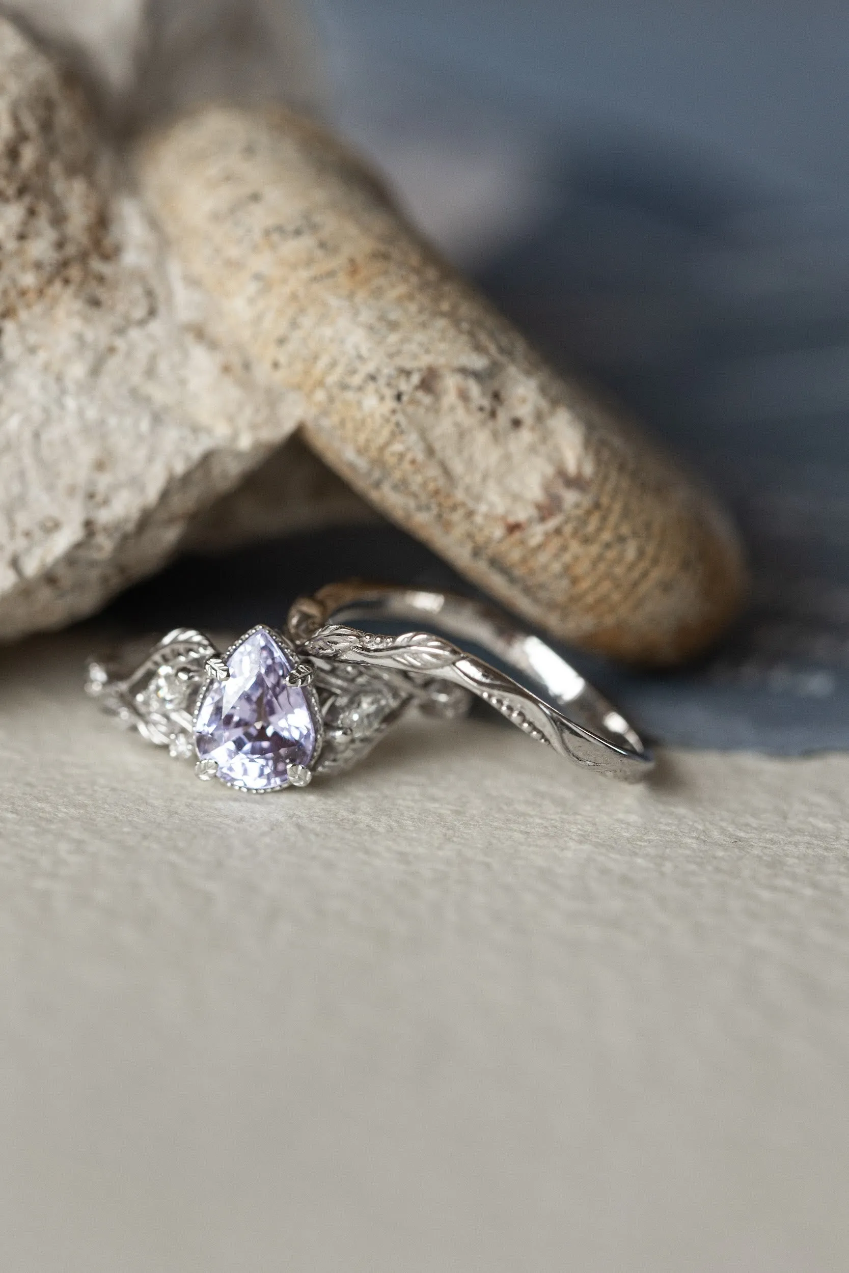 White gold engagement ring with lavender sapphire, nature inspired engagement ring with pear gemstone / Patricia